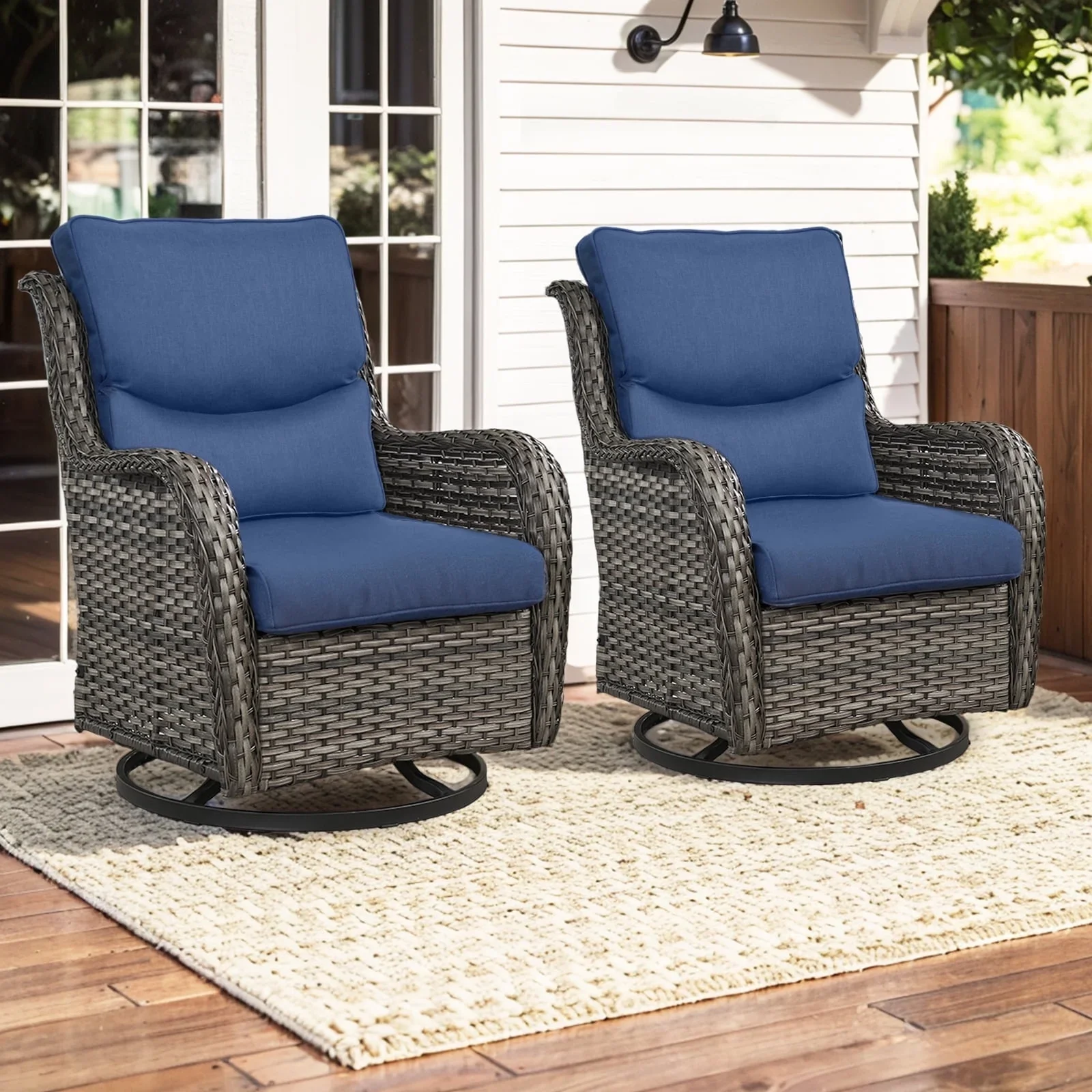 Gymojoy Outdoor Rocking Chairs Set of 2, All Weather PE Wicker Swivel Patio Glider Chairs, Garden Outdoor Furniture Set for Backyard Deck,Blue