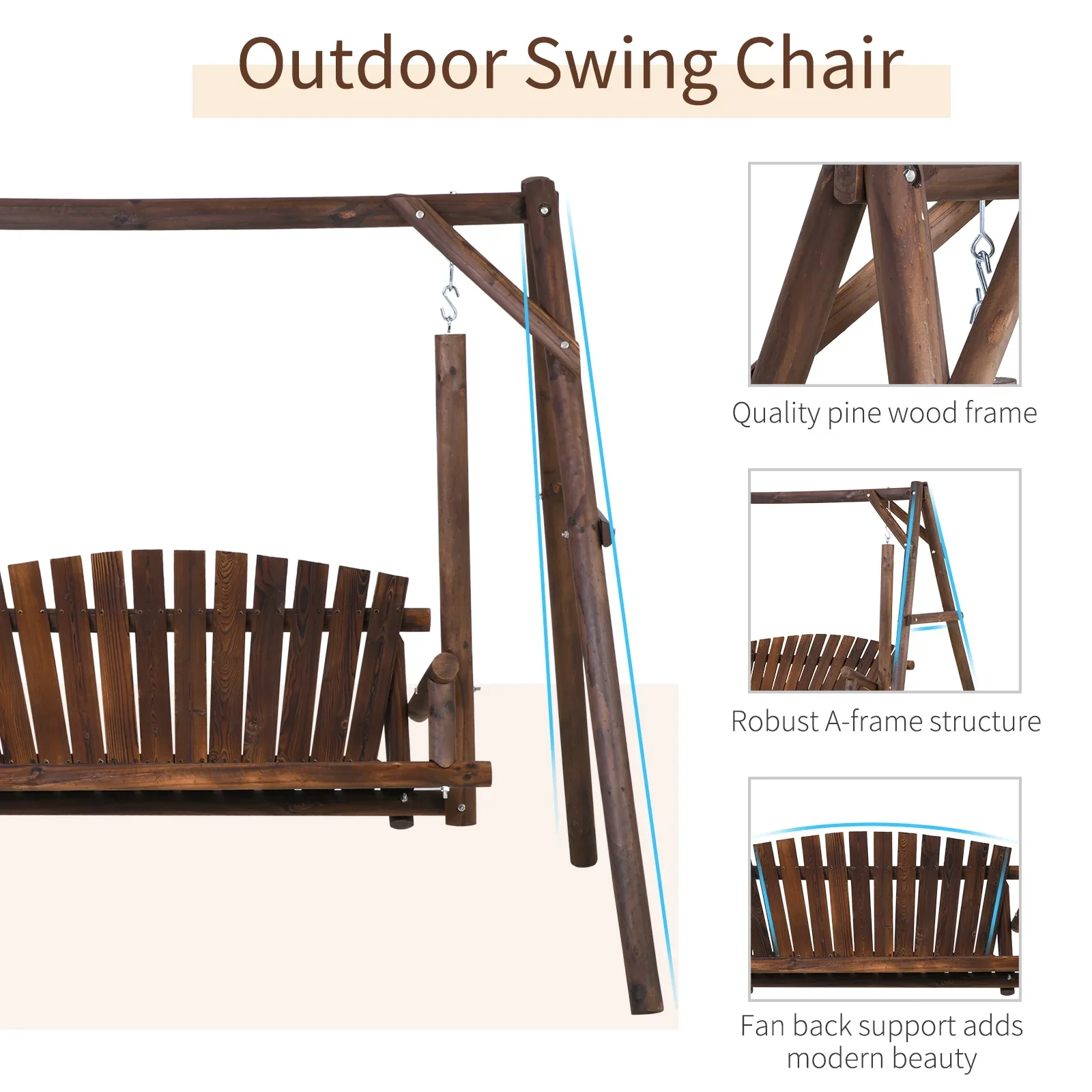 Outsunny Wooden Swing Bench, Garden Swing Chair, Brown