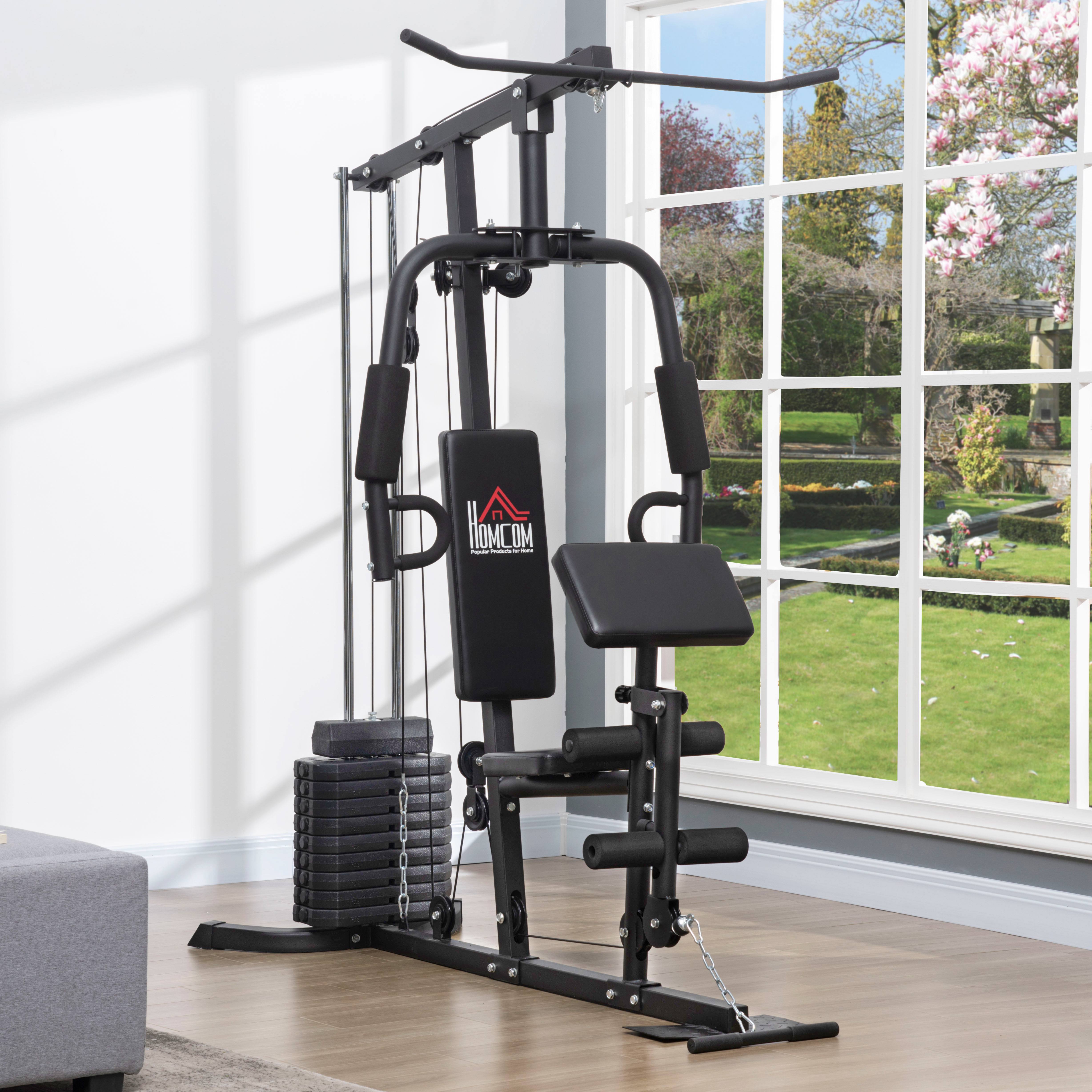 HOMCOM Krachtstation met 45 kg Gewichtsblok 180 x 108 x 200 cm Staal Zwart