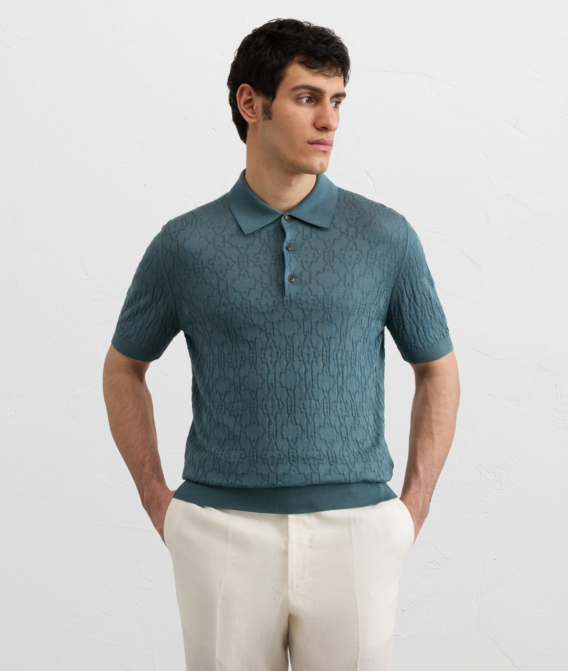 TEAL BLUE SILK AND COTTON KNITTED SHORT SLEEVED POLO SHIRT WITH GEOMETRIC PATTERN