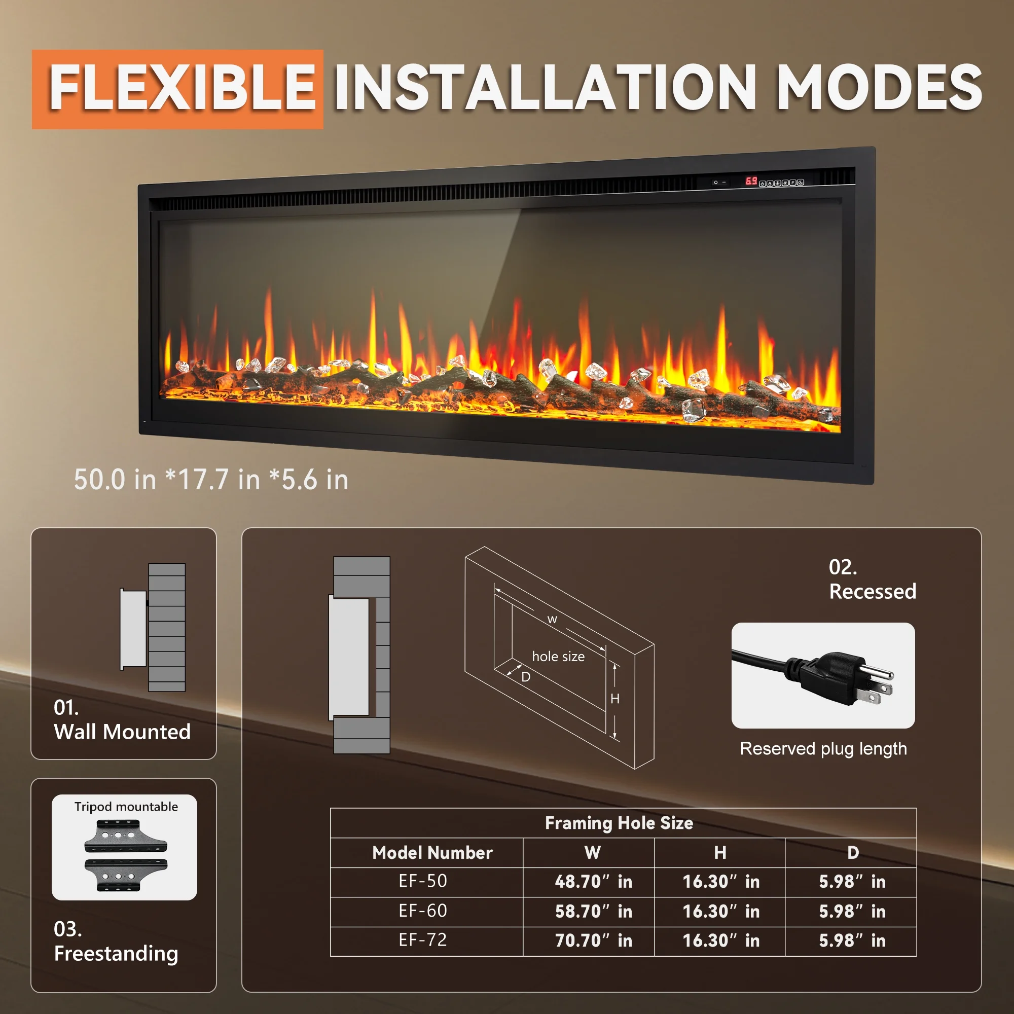 50 inch Indoor Electric Fireplace, Wall Mounted Recessed Freestanding Fireplace with Remote Control, Fireplace Heater with Adjustable Flame Color, Linear Fireplace with Timer(50") - Image 6