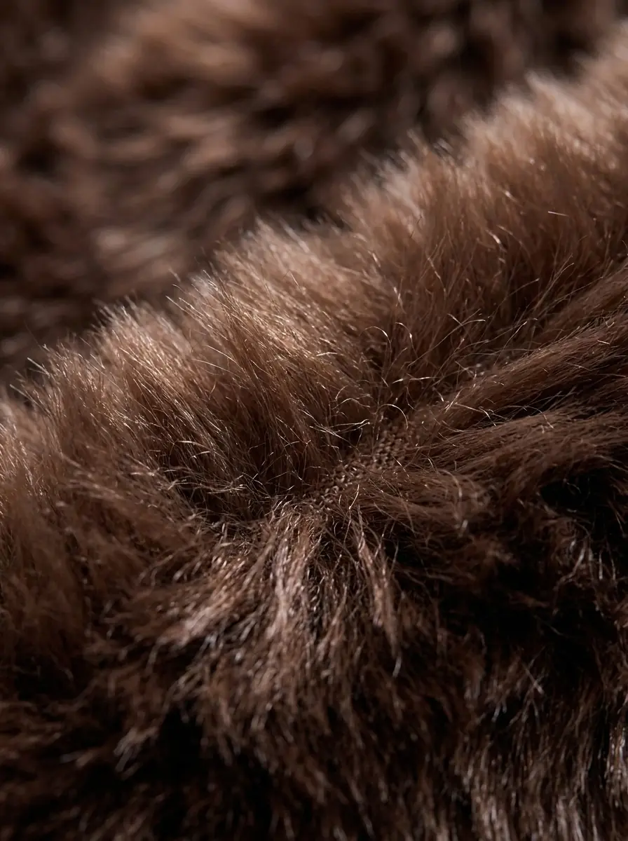 Close-up of soft light brown faux fur coat texture