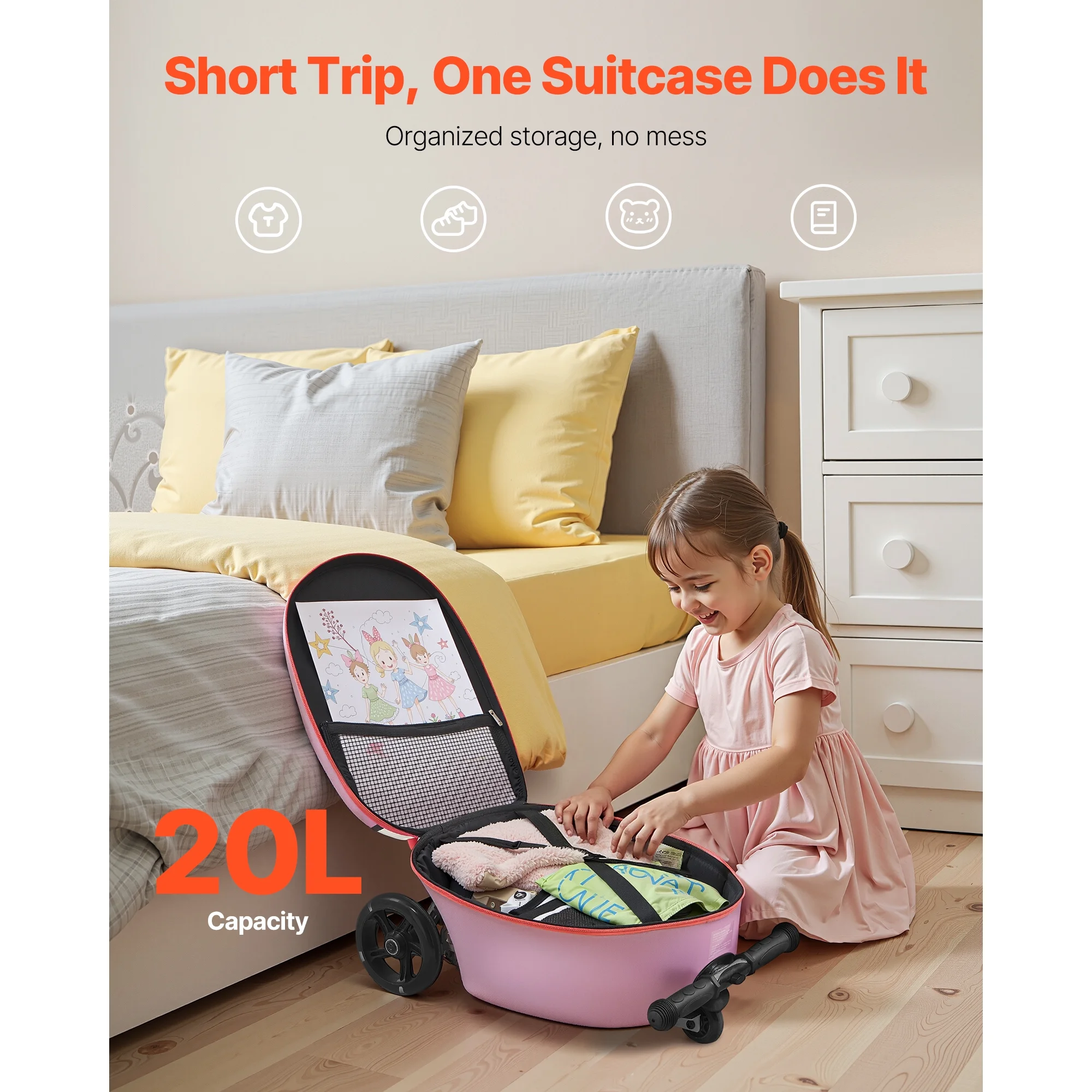 Ride-on Kids Luggage, 20L Capacity, 20-Inch Scooter Suitcase with Flashing PU Wheels, Adjustable Handle Non-Slip Grip, Foldable and Lightweight Travel Companion for Children Aged 5+, Purple - Image 6