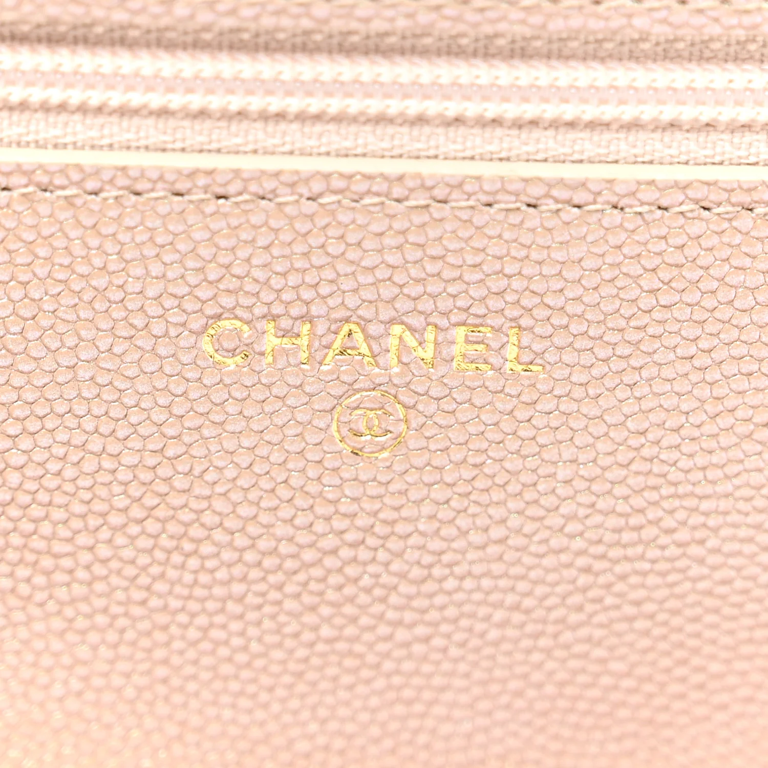 Iridescent Caviar Quilted Wallet on Chain WOC Beige