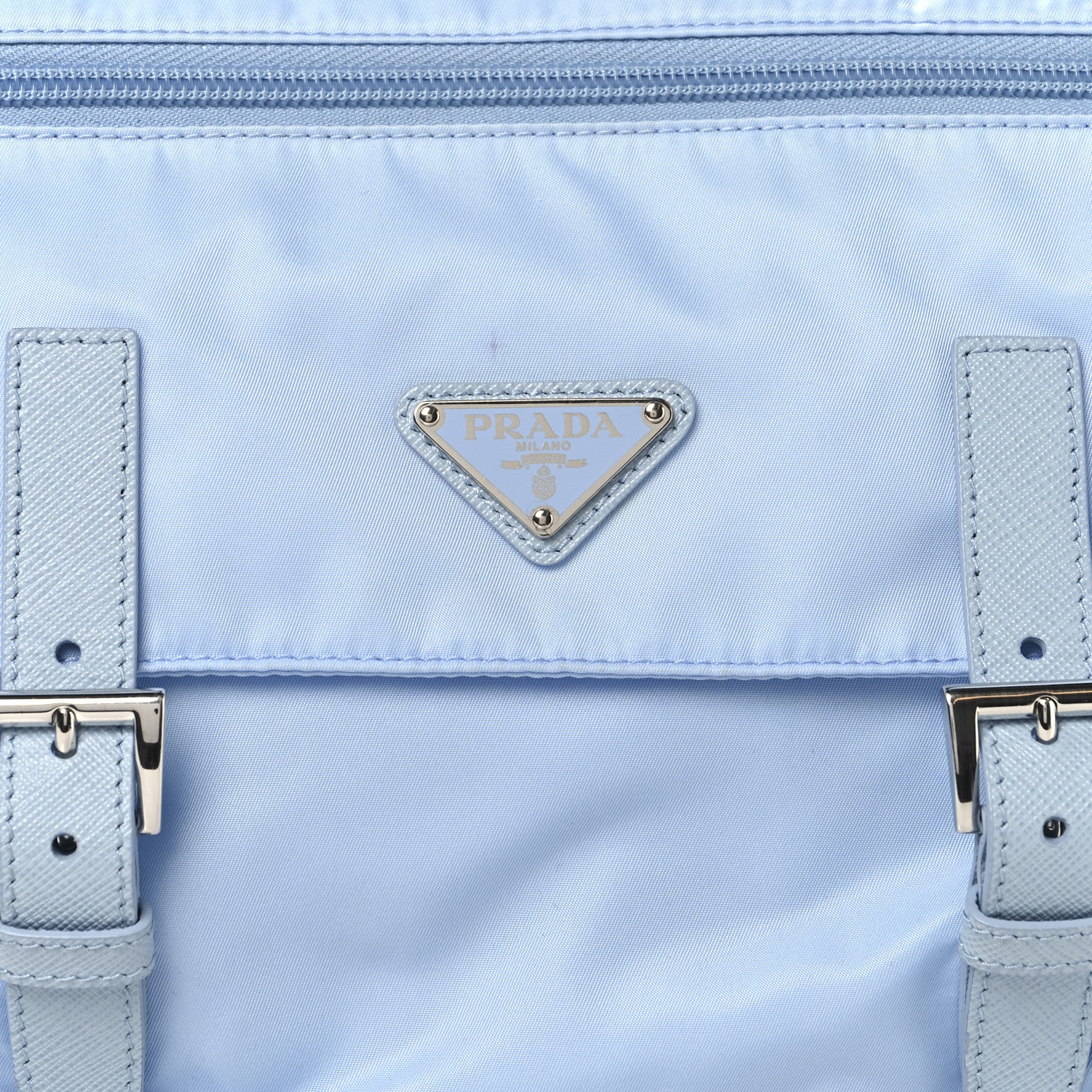 Re-Nylon Vela Saffiano Pocket Double Buckle Messenger Shoulder Bag Celeste