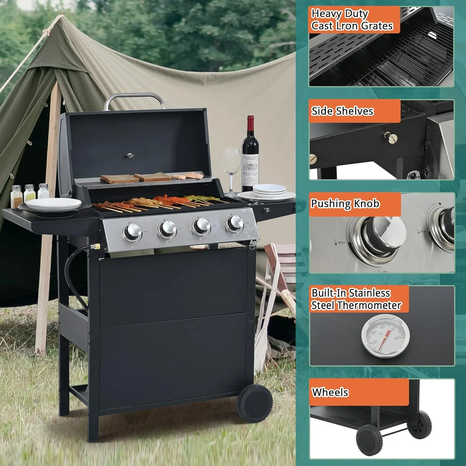 Highsound 3 Burner BBQ Propane Gas Grill, Stainless Steel 25650 BTU Patio Garden Barbecue Grill with Thermometer, Black