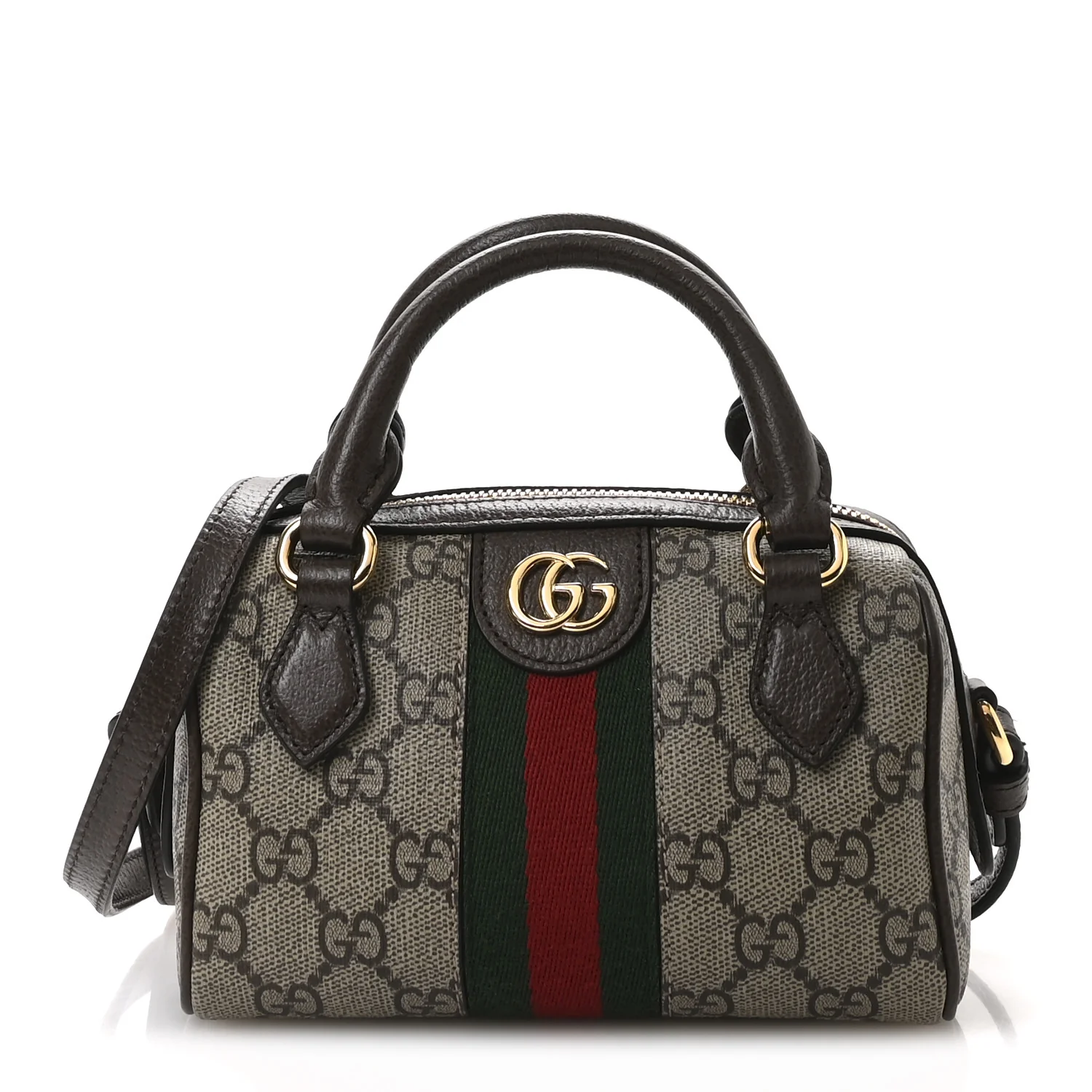 GG Supreme Monogram Textured Dollar Calfskin Web Super Mini Ophidia Top Handle Bowler Bag Beige Ebony New Acero