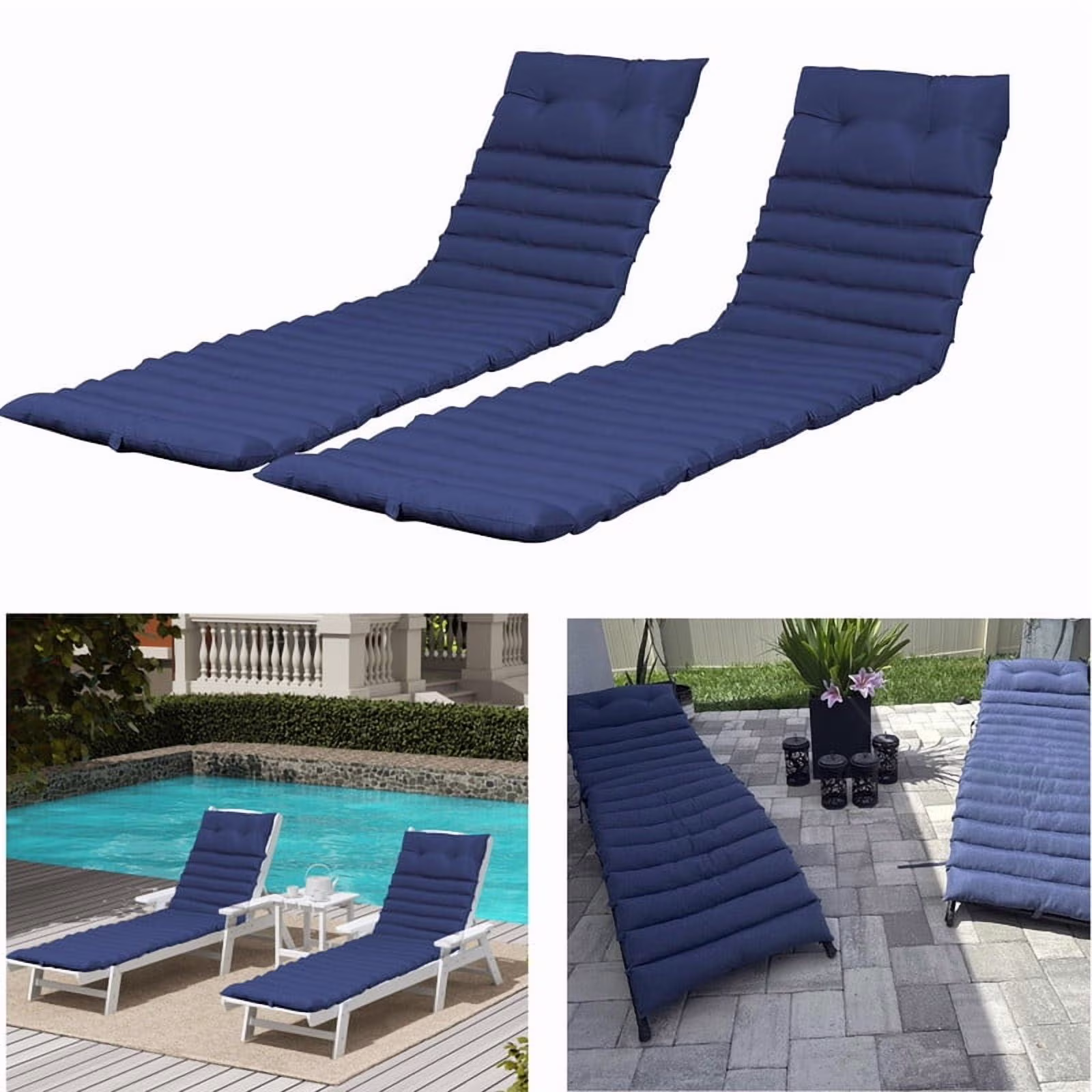 2pcs Outdoor Chaise Lounge Cushions, Waterproof Patio Foldable Chair Cushion for Garden Pool, 73 x 24in Sun Lounger Cushions for Outdoor Furniture��Navy blue��