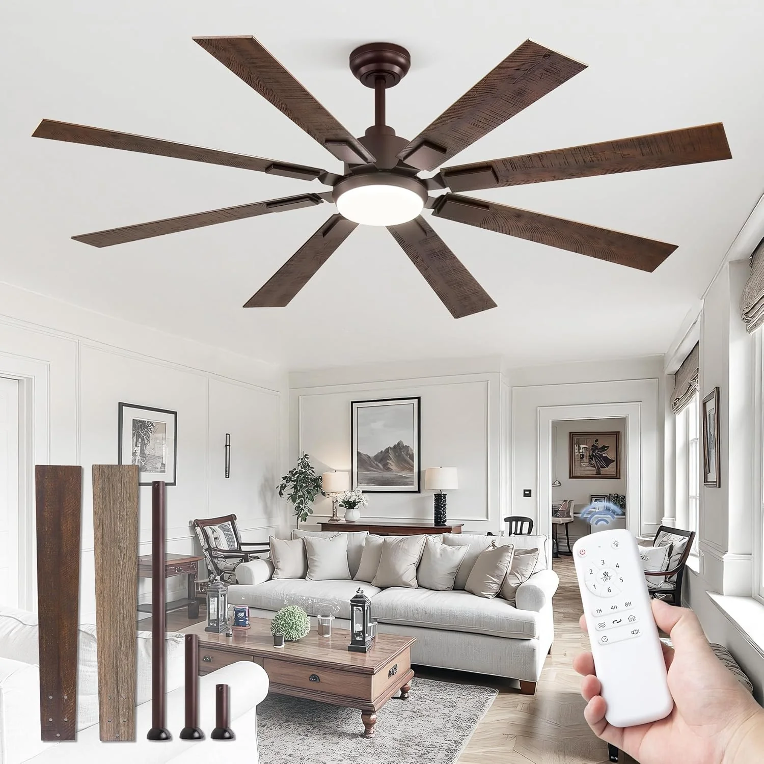 Ventilateur de plafond ZMISHIBO 72 pouces avec éclairage et télécommande, ventilateur de plafond moderne noir pour intérieur/extérieur, idéal pour la cuisine, le salon et la terrasse, moteur CC silencieux réversible à 6 vitesses, 3 températures de co