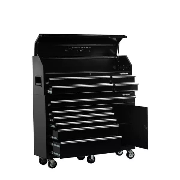 Coffre à outils et armoire à roulettes combinés, 10 tiroirs et 1 porte, 155 cm de largeur, noir brillant