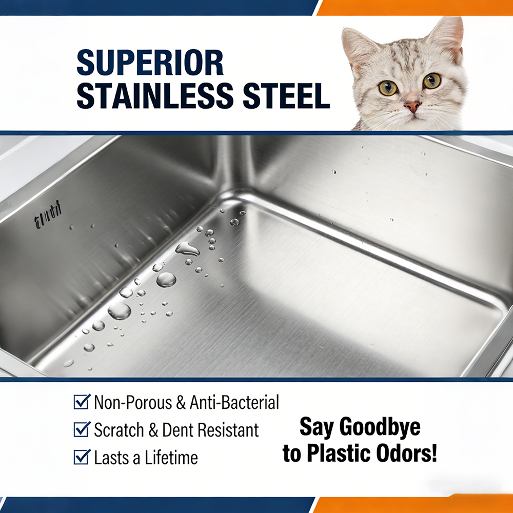 Extra Large Stainless Steel Cat Litter Box with Rounded Top Entry, Enclosed High Wall Metal Cat Toilet for Indoor Cats