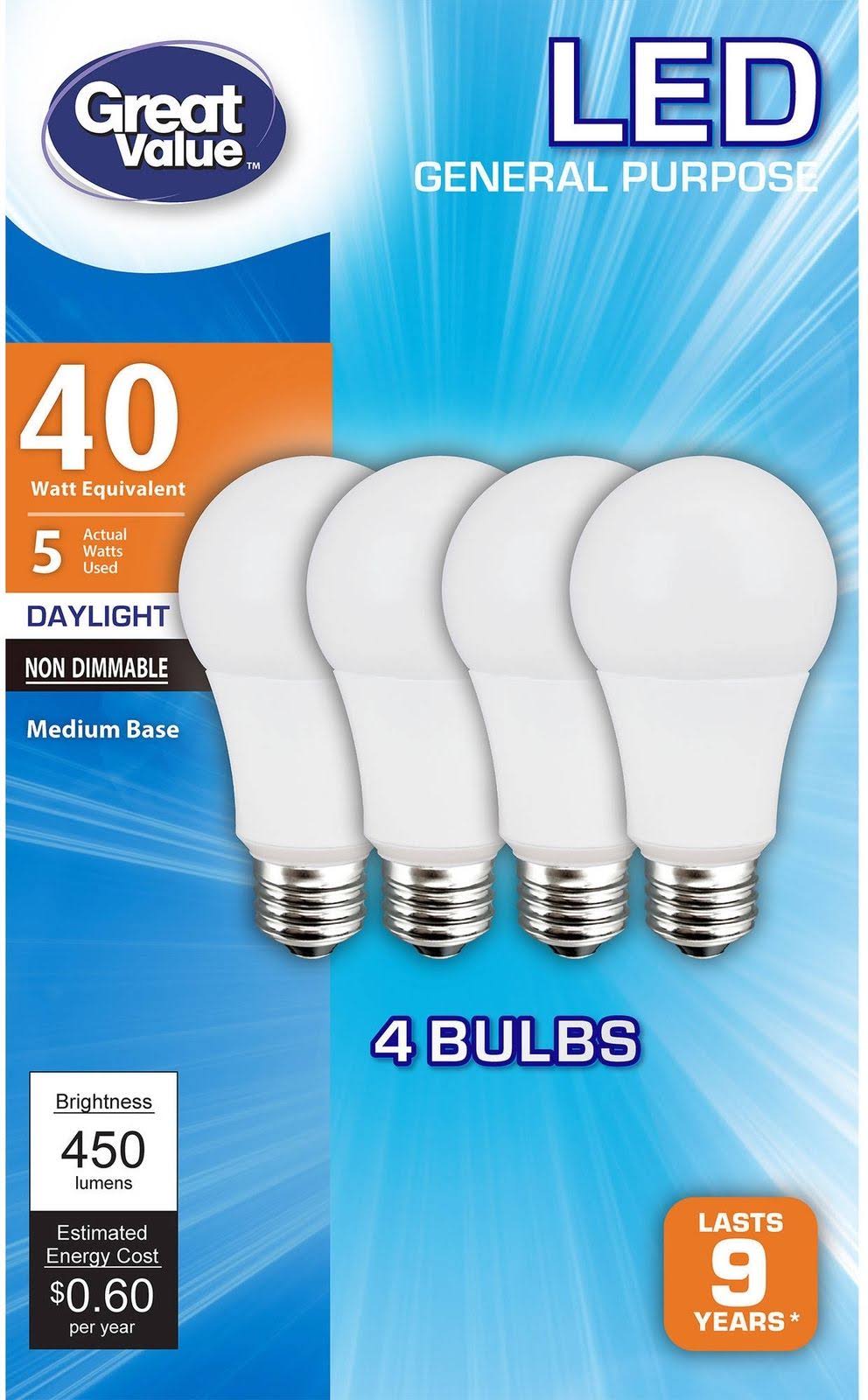 Great Value LED Light Bulbs 5W, Daylight - 4 pack