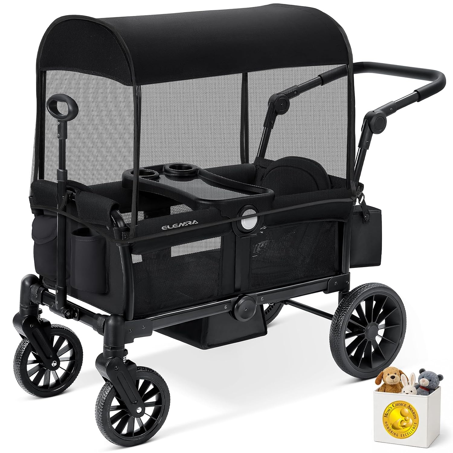 ELEMARA Foldable Wagon Stroller, Stroller Wagon for 2 Kids, Premium All Terrain Wagon for Kids with Removable Canopy, Adjustable Push/Pull Handle, Harnesses, Large Storage Bag, Black