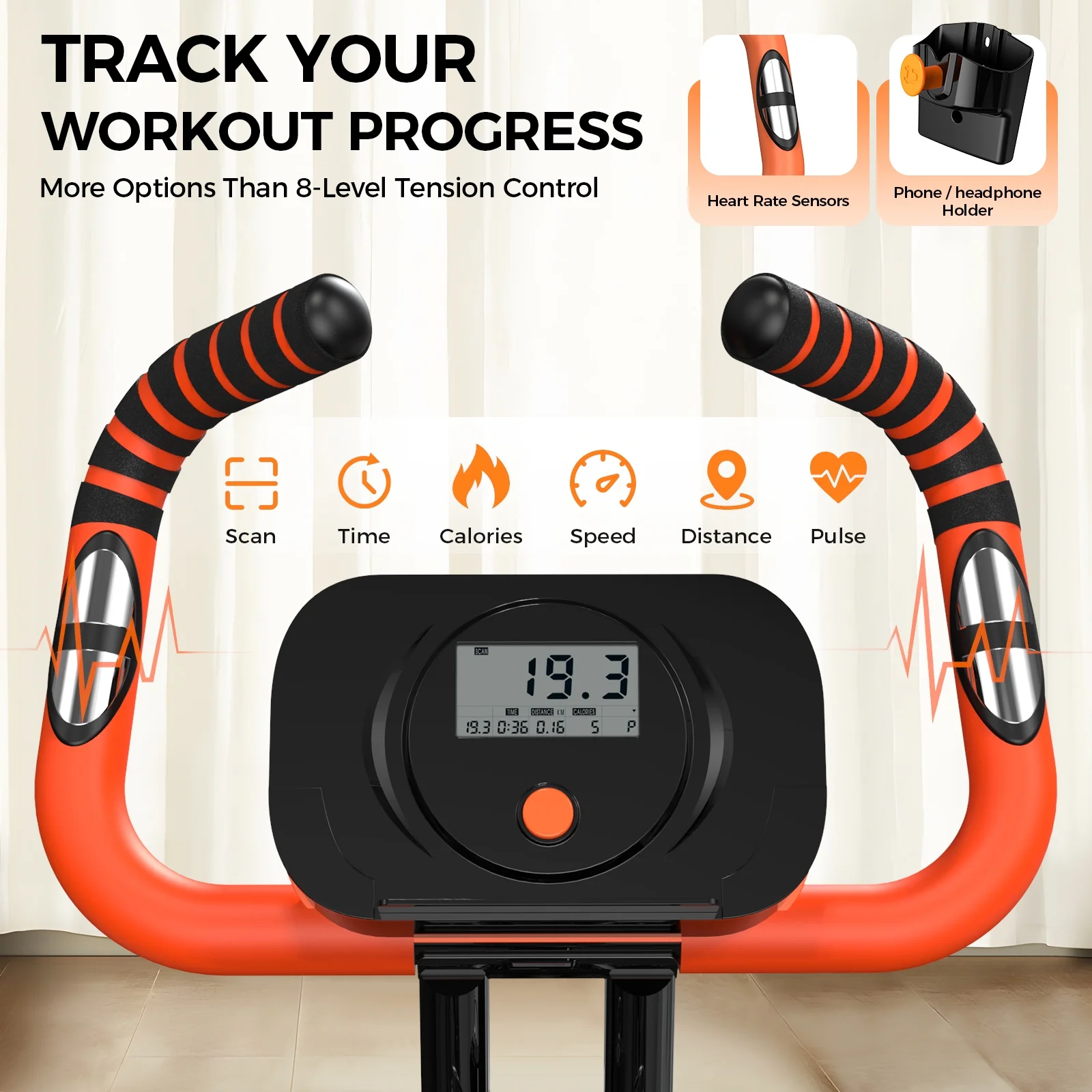 4-in-1 Exercise Bike, Foldable Stationary Bike, Tri-Position Indoor Cycling Bike with 8-Level Resistance, Arm Resistance Bands, Pulse Sensor Back Support Cushion for Home Gym Workout - Image 10