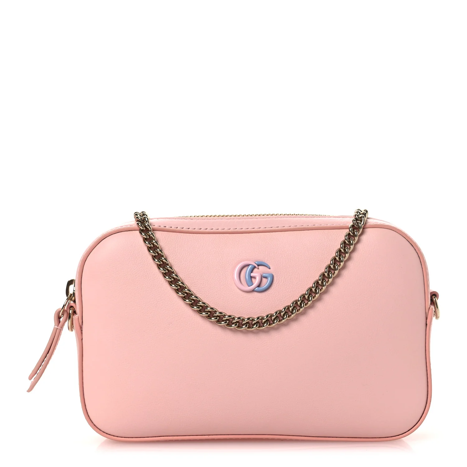 Dollar Calfskin Enamel Super Mini GG Marmont Chain Shoulder Bag Light Pink Blue