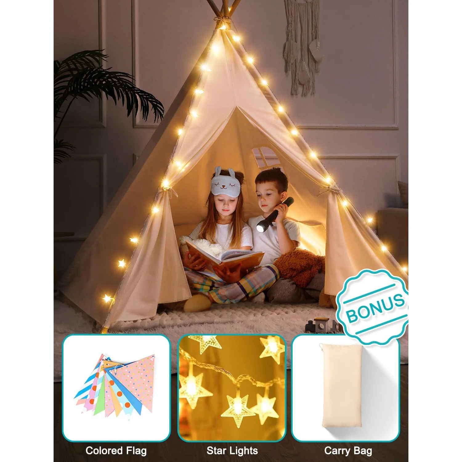 Teepee Tent for Kids Tipi Tent Indoor 100% Cotton Kid Tents for Inside with Light Flag- Foldable Toddler Play Tents for Girls Boys Slumber Party -Toys Cotton Teepee - Image 5