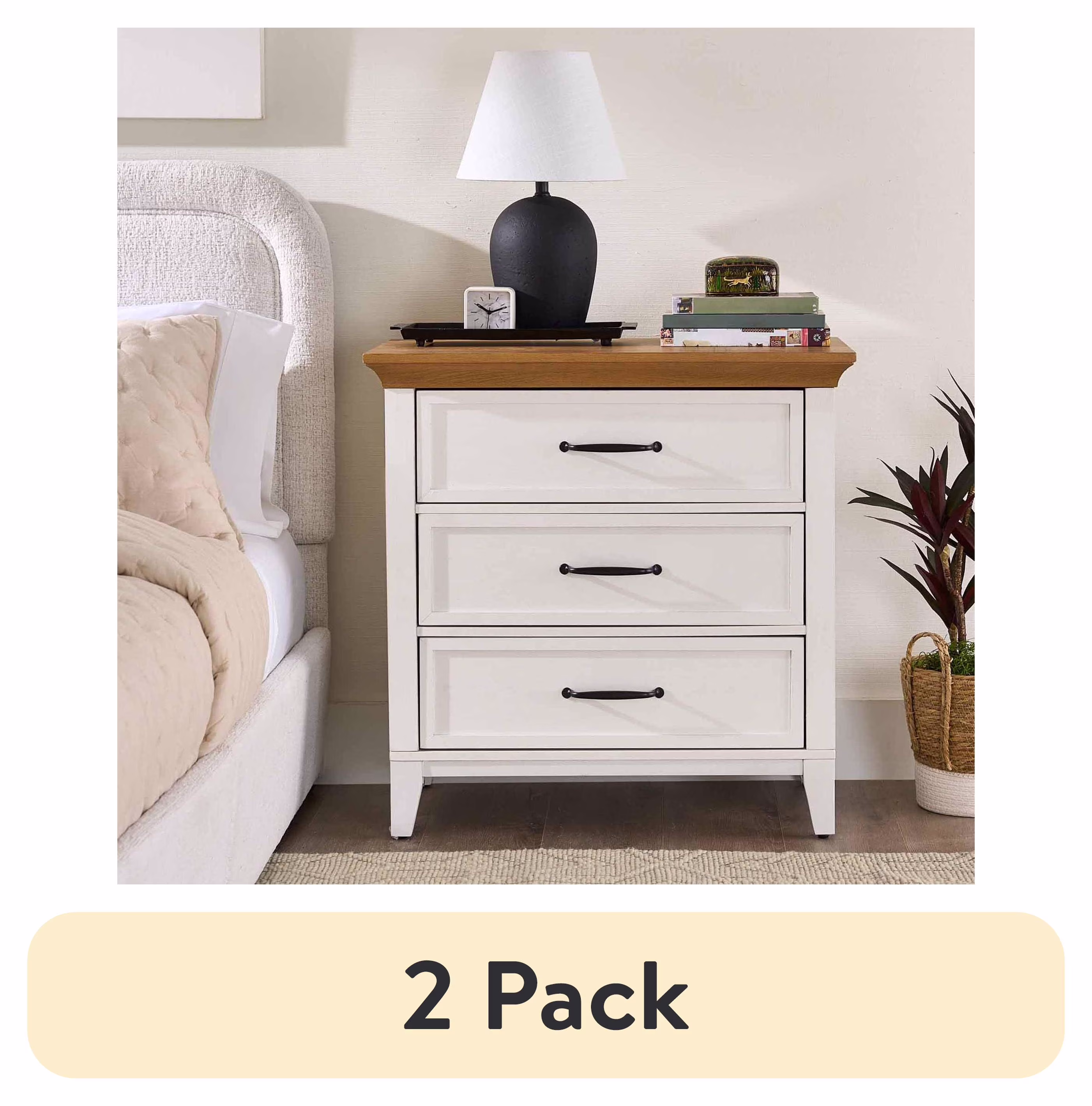 Better Homes & Gardens Canton 3-Drawer Nightstand, Textured White and Light Honey