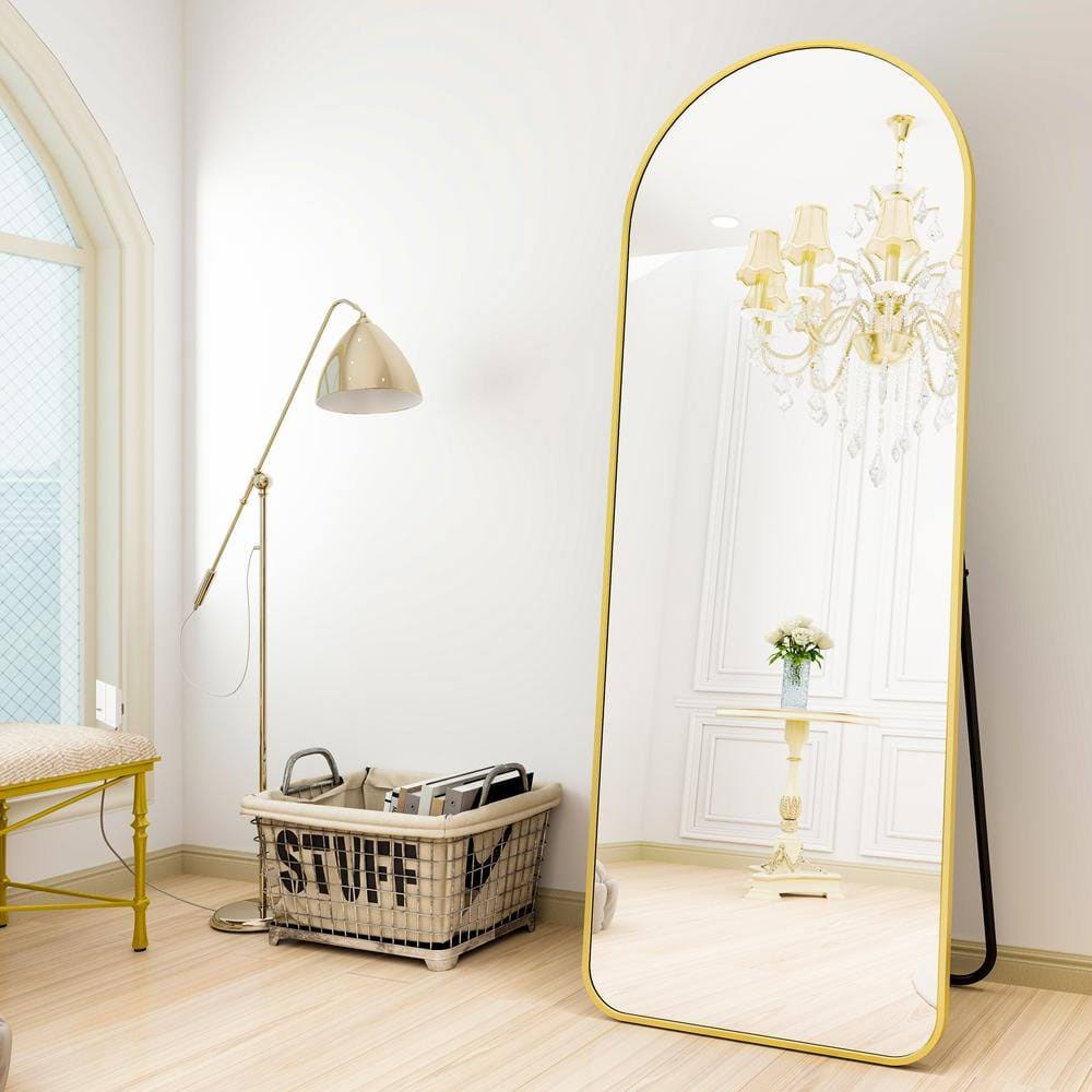 XRAMFY 21 in. W x 63 in. H Arched Gold Aluminum Alloy Framed Rounded Full Length Mirror Standing Floor Mirror