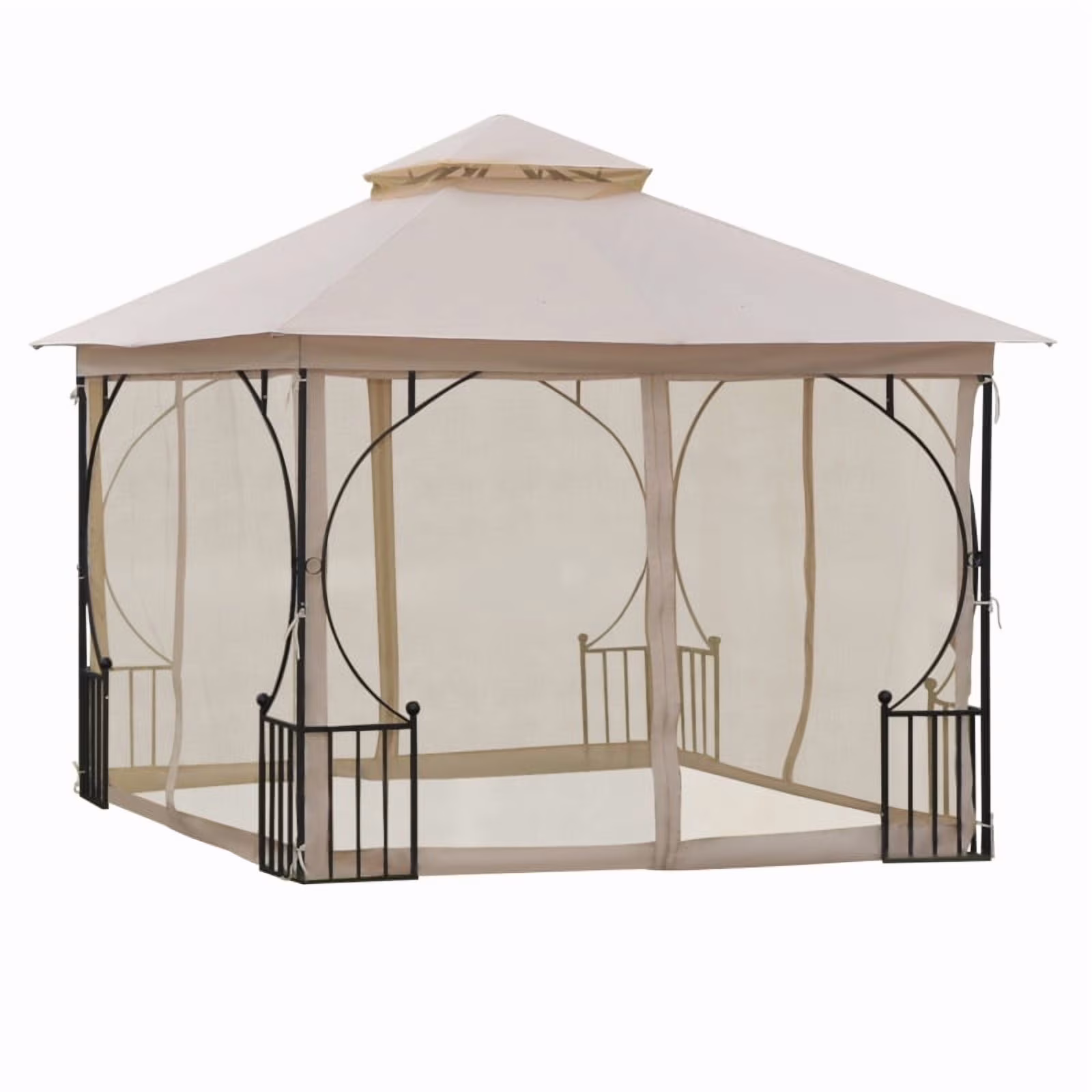 10' x 10' Patio Gazebo, Double Roof Outdoor Gazebo Canopy Shelter with Netting, Steel Corner Frame for Garden, Lawn, Backyard and Deck, Beige On-Site