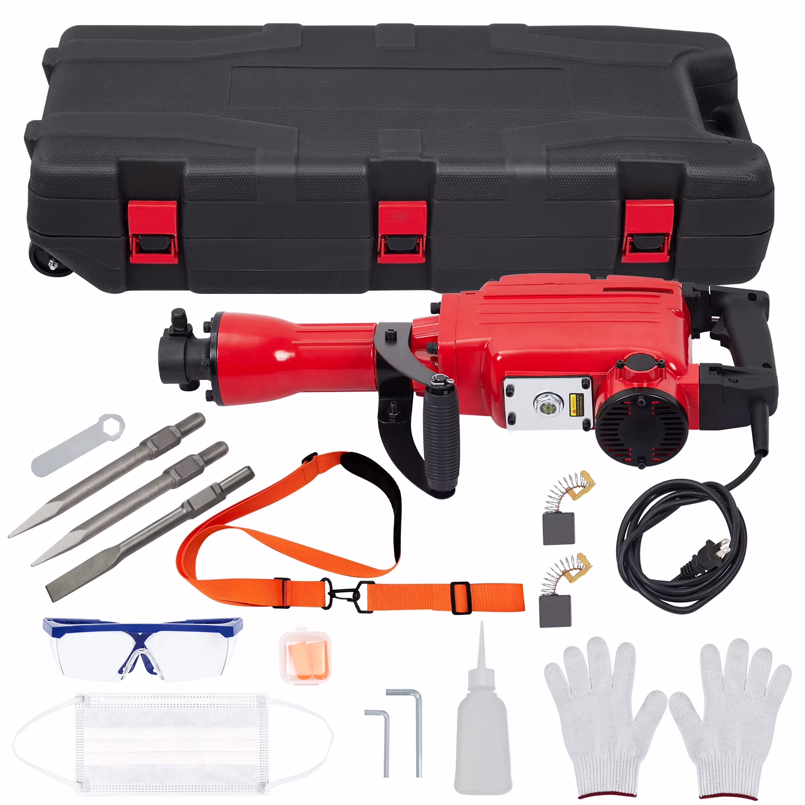 3-piece set 65A 1700W 4 110 Hammer Drill 2200w Electric Demolition Jackhammer Set - Jack Hammer Powerful Performance, 2 Chisels, Gloves, Tool Box, Wrench. Ideal For Superior Demolition Jobs