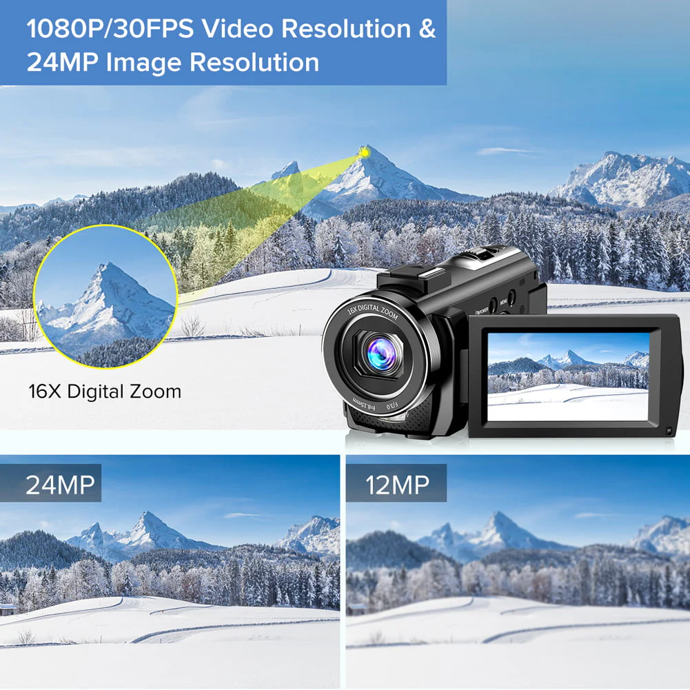 Video Camera Camcorder YouTube Vlogging Camera FHD 1080P 30FPS 24MP 16X Digital Zoom 3" LCD 270 Degrees Rotatable Screen Digital Camera Recorder with Microphone,Remote Control,2 Batteries - Image 6