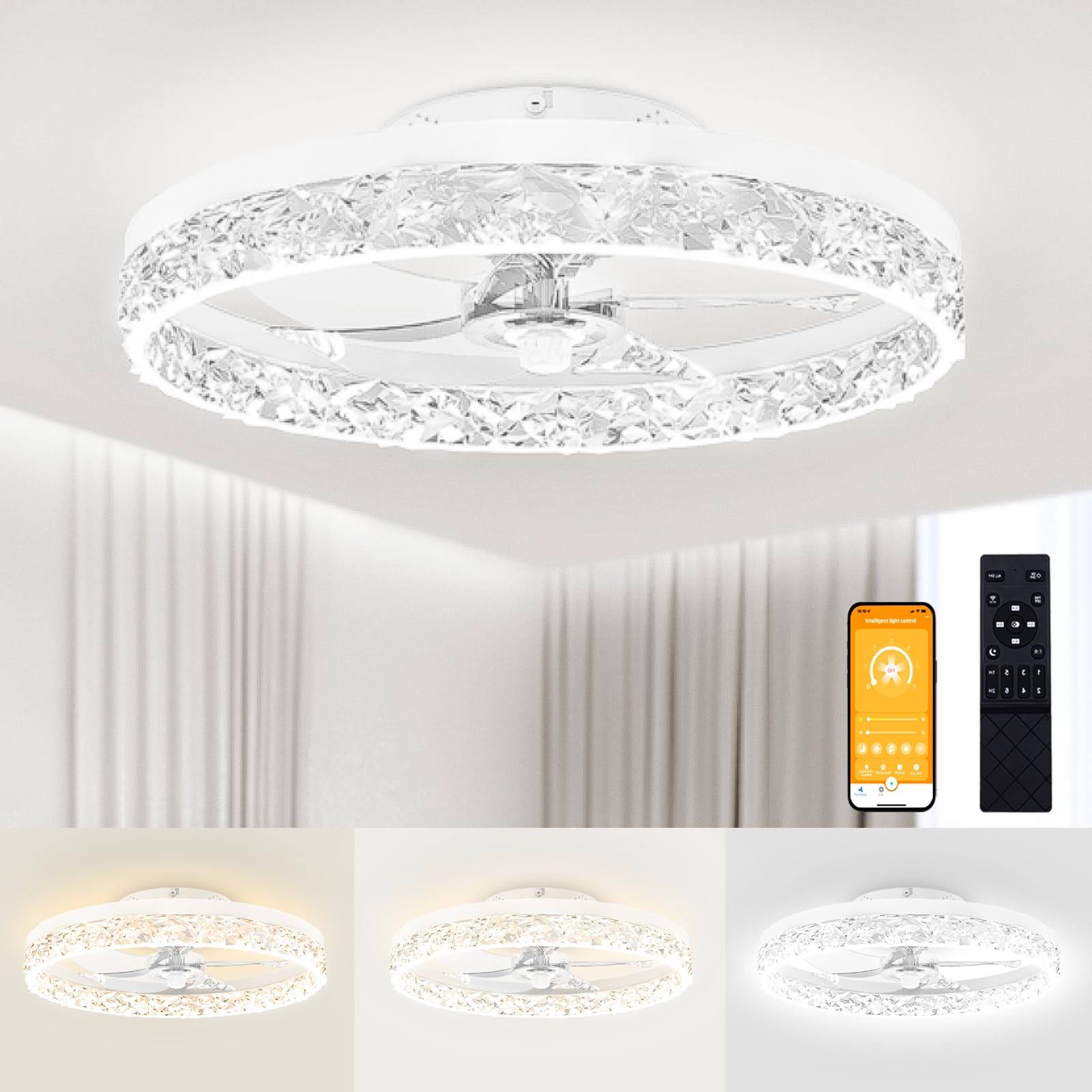 VOLISUN Modern Ceiling Fans with Lights and Remote, 19.7in Low Profile Ceiling Fan Flush Mount, 3000K-6500K Dimmable Bladeless LED Fan Light, White