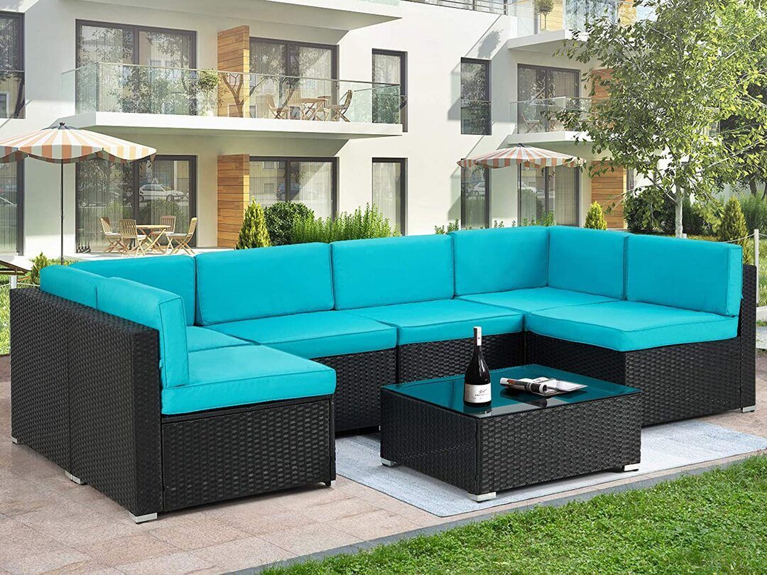 Ensemble de mobilier de jardin 7 pièces, canapé en rotin synthétique, ensemble de fauteuils d'angle avec coussins kaki et table basse