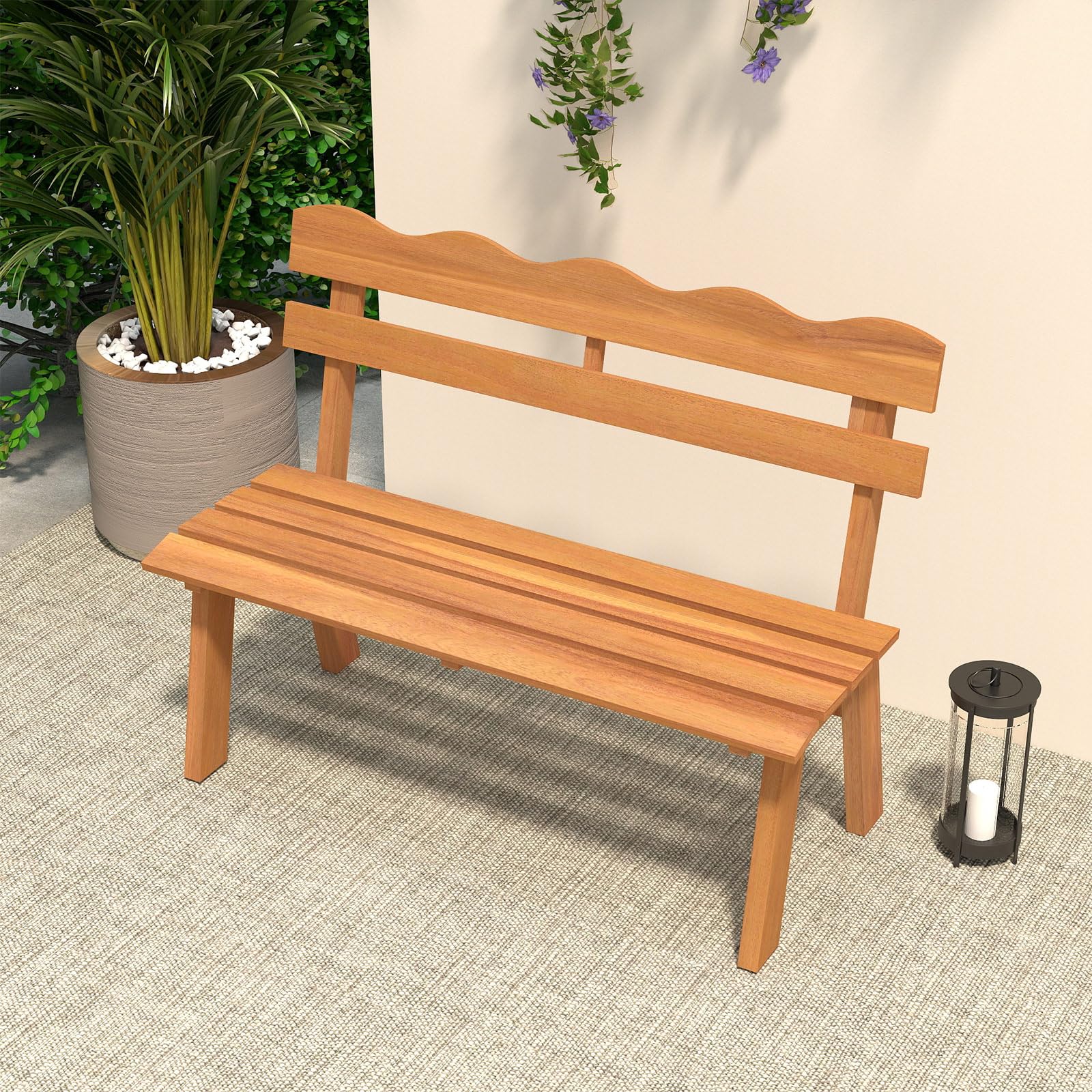 Tangkula 2 Person Patio Garden Bench with Waved Backrest and Slatted Seat