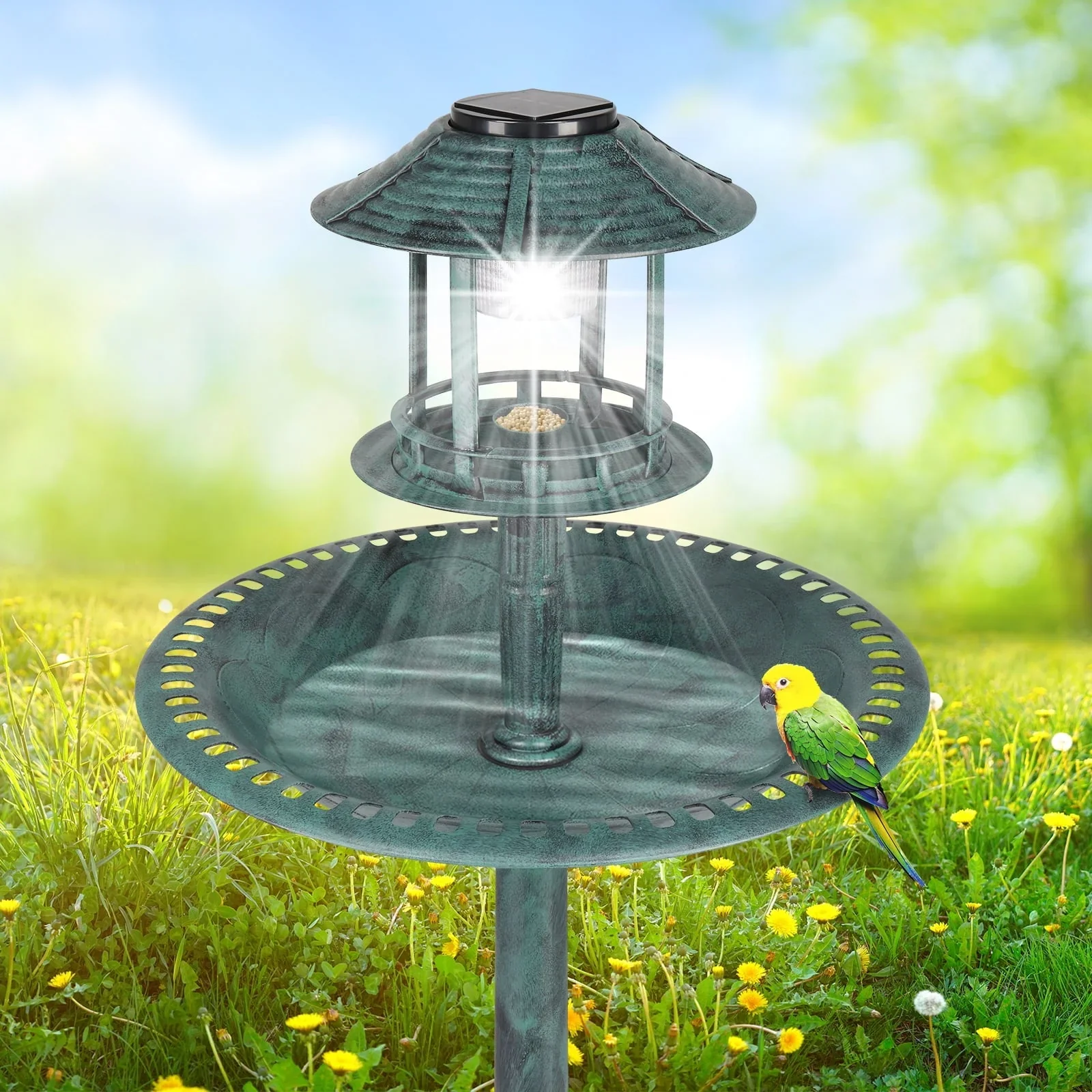 Ktaxon Wild Bird Bath Resin Pedestal Birdbaths with Solar Light  Antique Sculpture Finish Garden Decor Dark Green