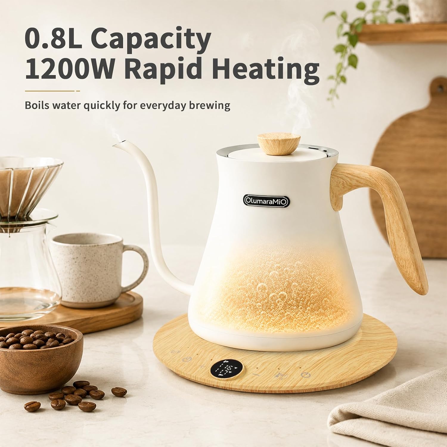 Olumaramio 0.8L Gooseneck Electric Kettle, ±1 ° F Temp Control, Wood-Grain