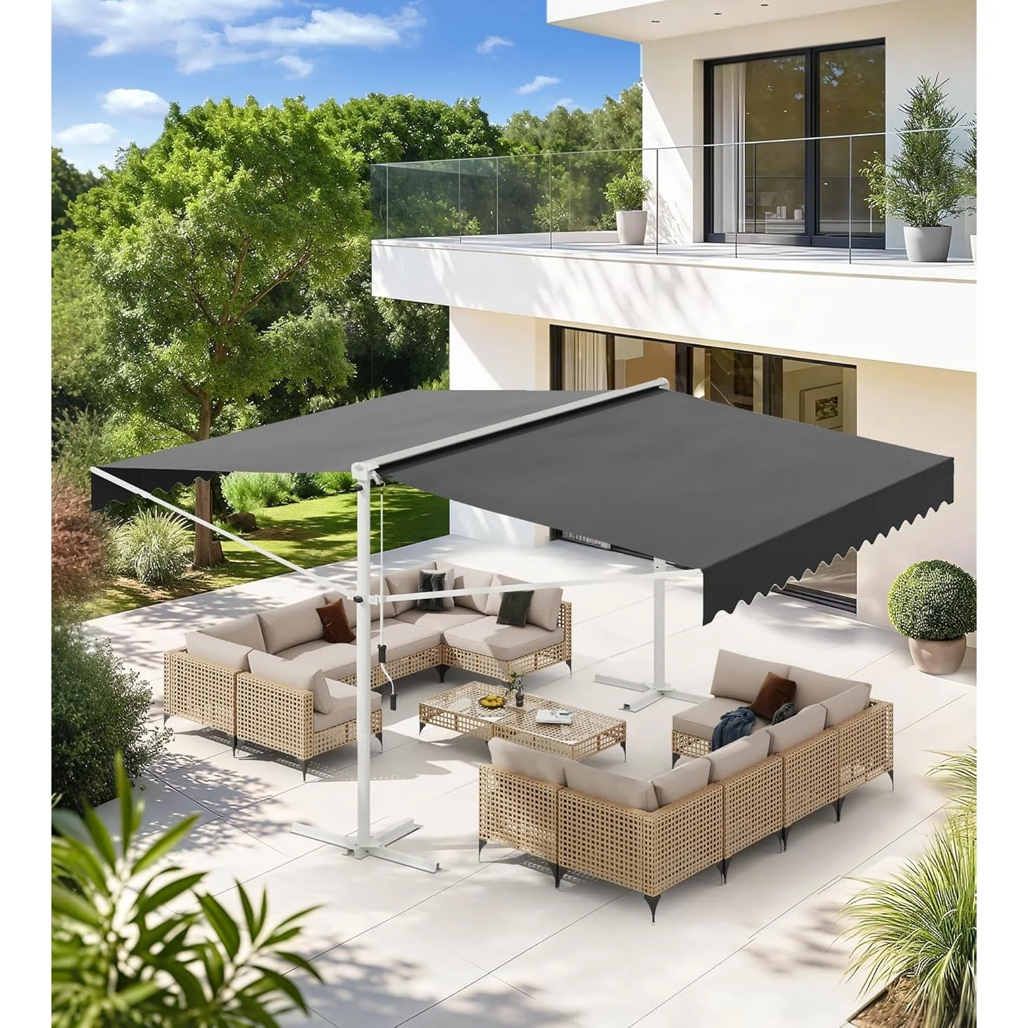 AECOJOY Free Standing Retractable Awning, 10'x10' Dual Side Patio Awnings Outdoor Manual Sun Shade Shelter, Dark Grey