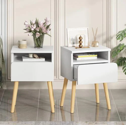 Nightstand Set of 2, Bedroom Bedside Table with 2 Drawer Storage Shelf, Simple Modern Night Stand End Table with Wood Handle, Easy assembly, Suitable for Living Room Bedroom Furniture, White(Style 1#White) Image 4