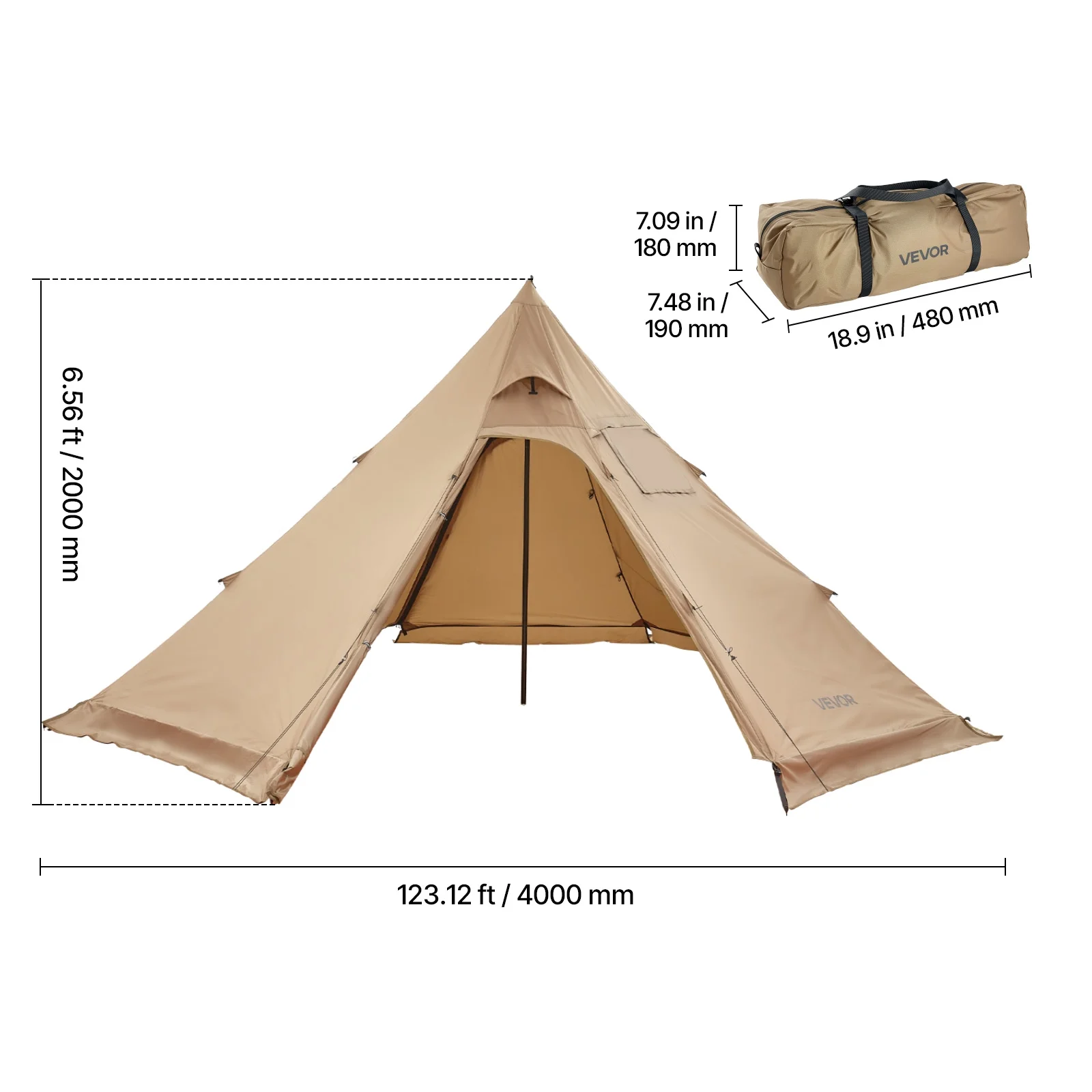 VEVOR Hot Tent for 4 Persons, Portable Winter Tipi Tent with Stove Jack, Waterproof Canvas Camping Tents, Lightweight 4 Season Shelter Tents for Hiking Fishing Backpacking, M Size