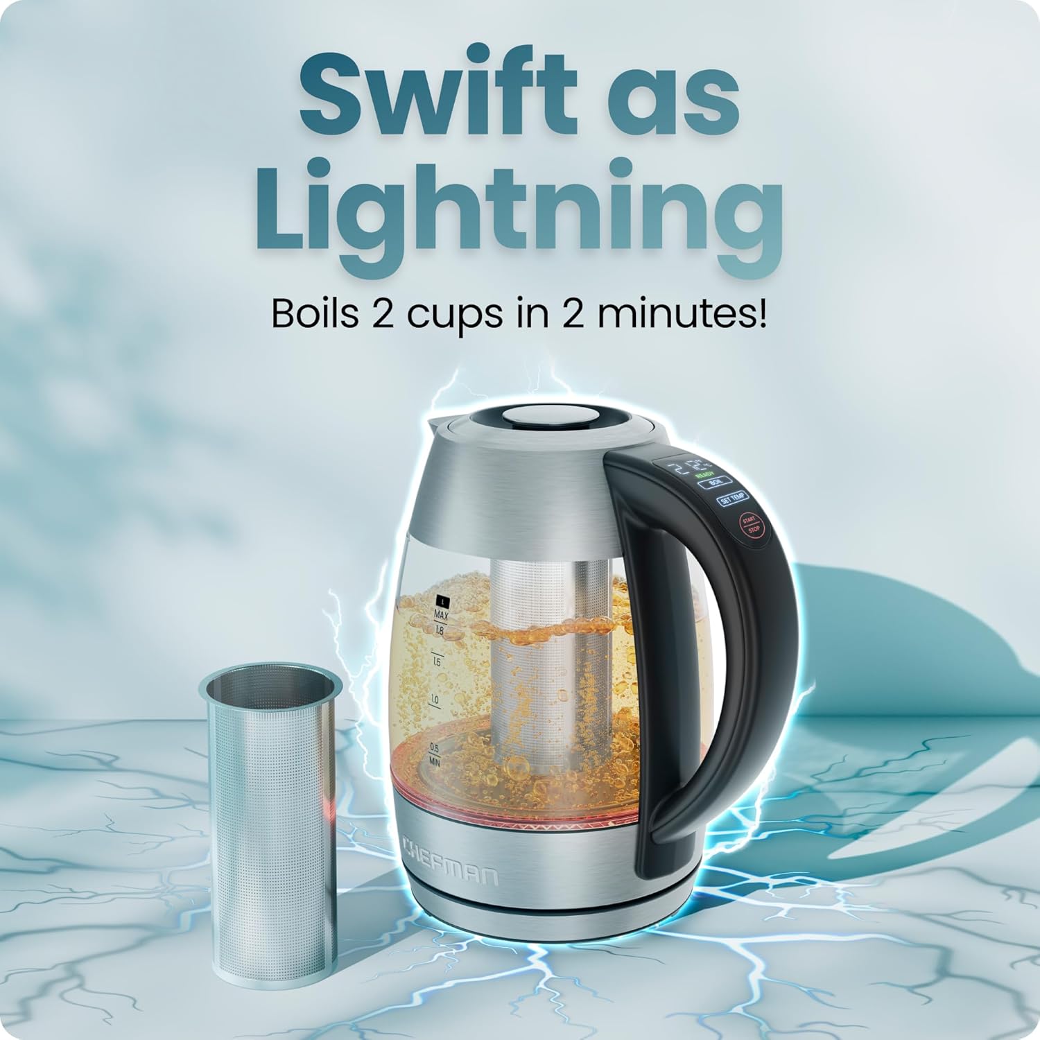 CHEFMAN Lightning High-Powered Electric Kettle, 1.8L 1750W, Rapid Boil 2 Cups in 2 Minutes, BPA Free Cordless Tea Kettle with Digital Temperature Control and 1-Hour Keep Warm – Stainless Steel