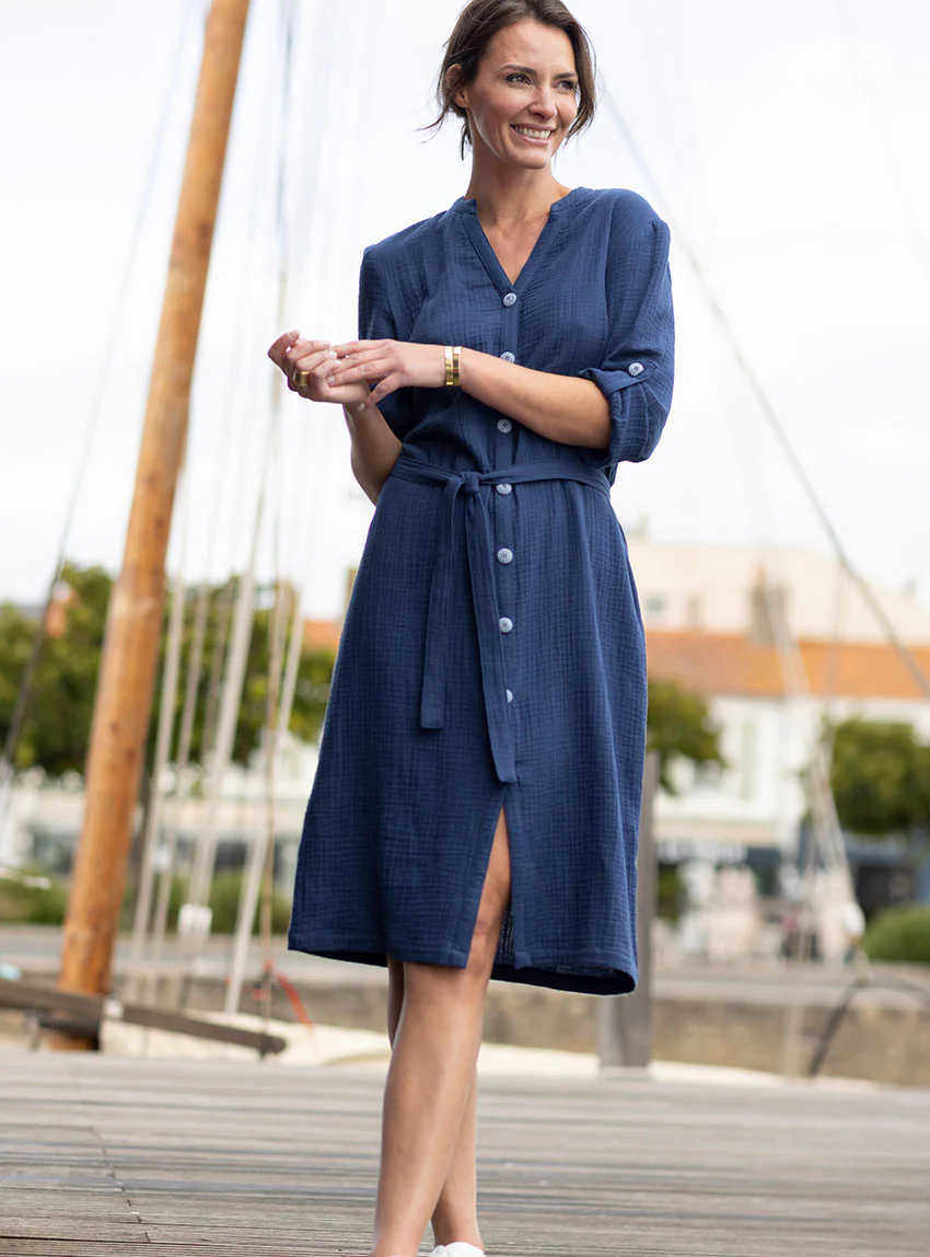 Robe femme en gaze de coton bleu indigo