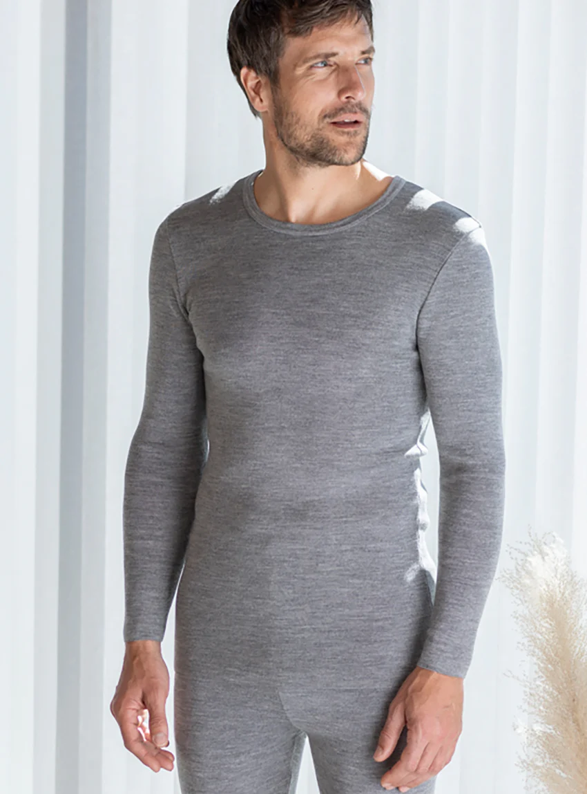 Tee-shirt manches longues thermique homme en laine gris léger