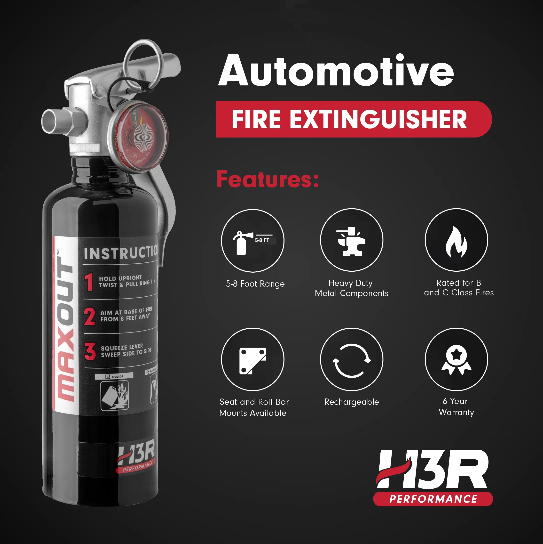 MaxOut Dry Chemical Car Fire Extinguisher 1.0 lb. Chrome(Chrome) - Image 6