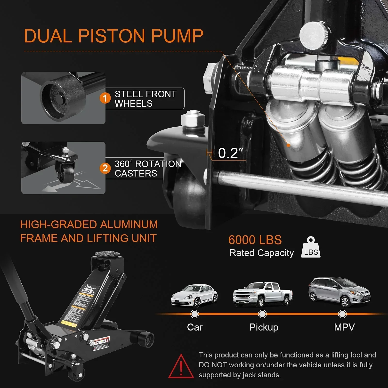 3 Ton Floor Jack Hydraulic Heavy Duty Steel Car Jack with Quick Lift Dual Pump.Black.W8303-B