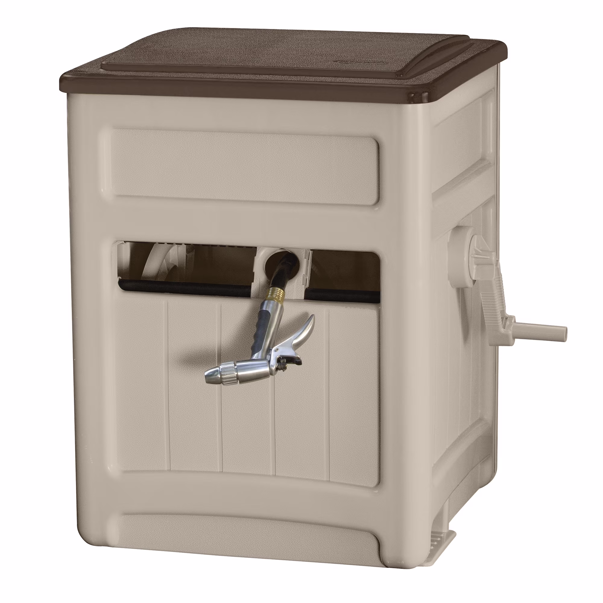 Hose Hideaway 225' Outdoor Garden Hose Reel with Storage Bin and Hose Guide, Taupe