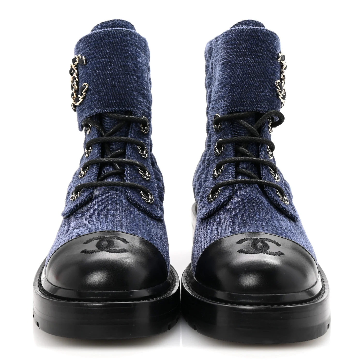 Shiny Calfskin Velvet Quilted Lace Up Combat Boots 38.5 Blue Black
