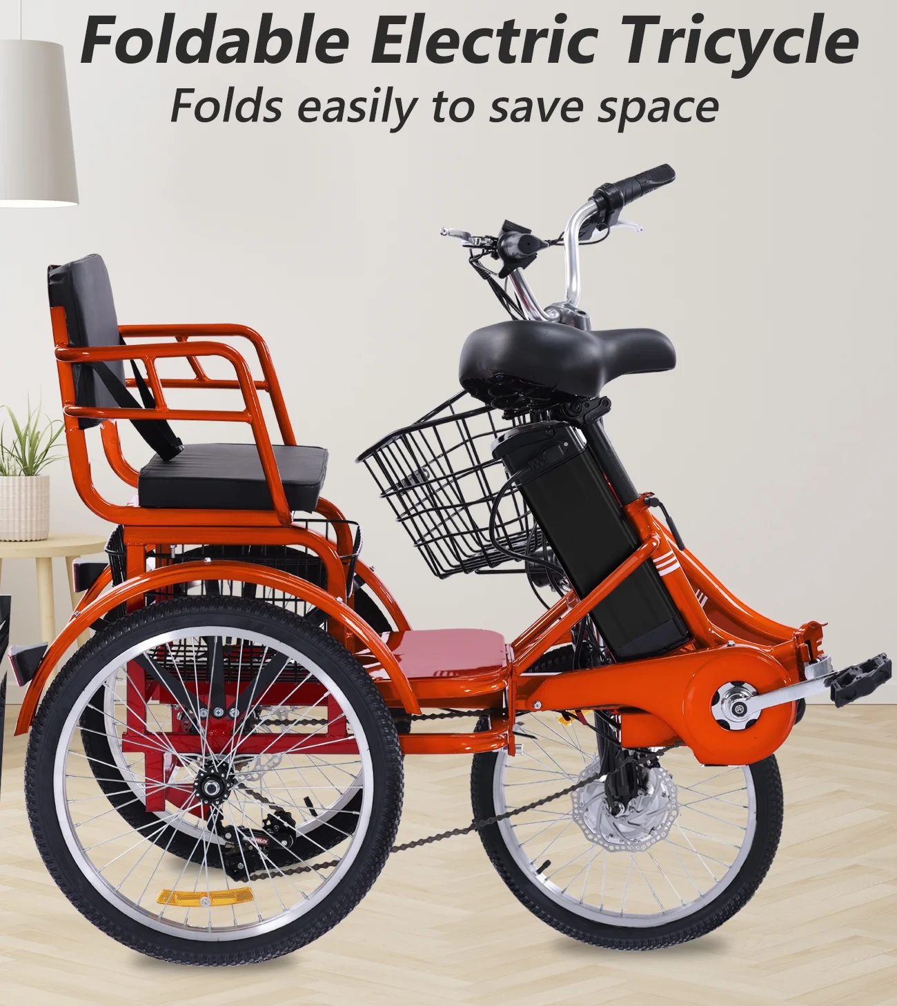Electric Tricycle for Adults Folding Electric Trike 3 Wheel Electric Trike with Two-seater Large Basket Super Powerful Brushless 350W Motor 48V13AH Lithium Battery Max 20MPH E-Tricycle Orange - Image 4