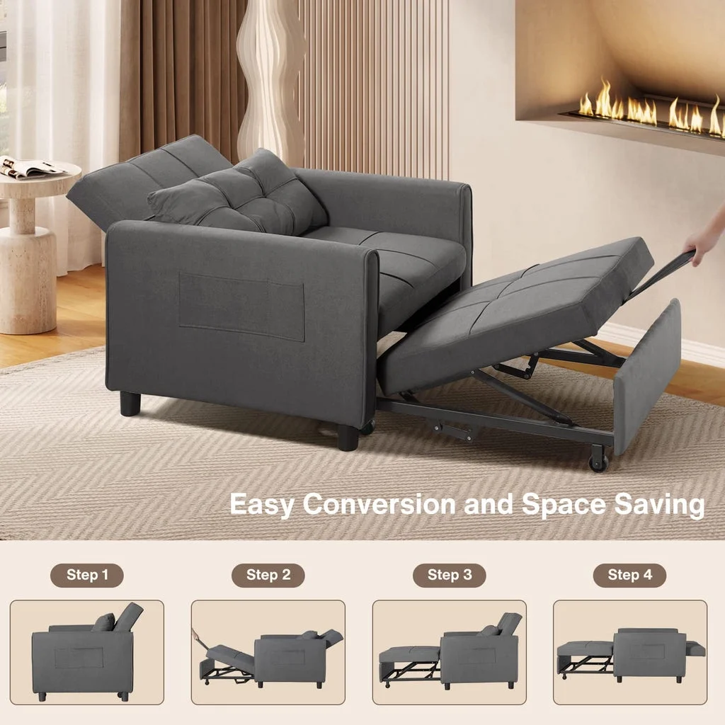 Convertible Sleeper Chair, 3-in-1 Convertible Sofa Bed Recliner Chair with Pull Out Couch Dark Gray(Dark Gray) - Image 2