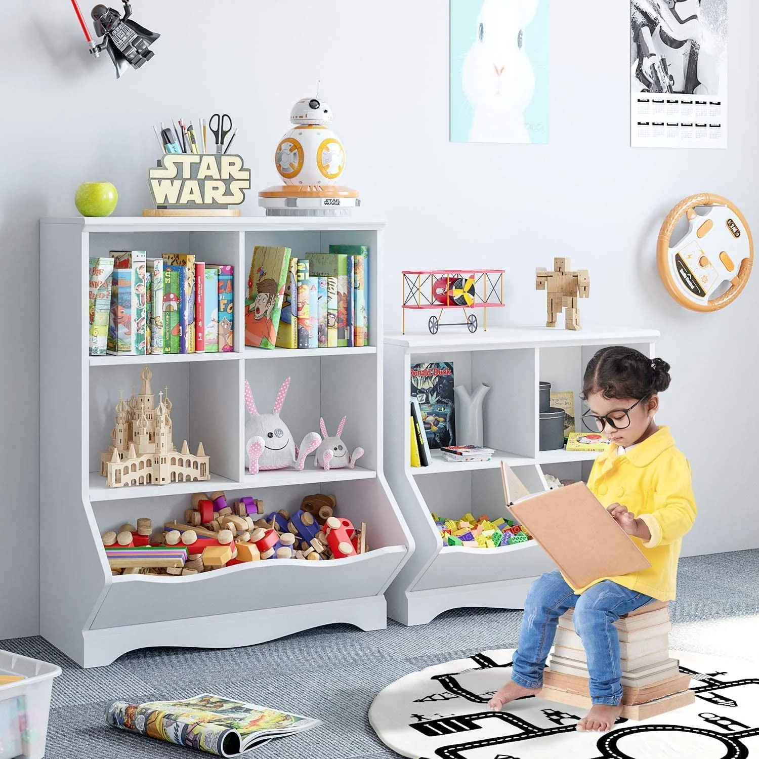 Kid's Cubby Toy Storage Cabinet, Wood Toy Organizer of 5 Bins, Children's White Bookcase, Toy Chest for Bedroom Living Room