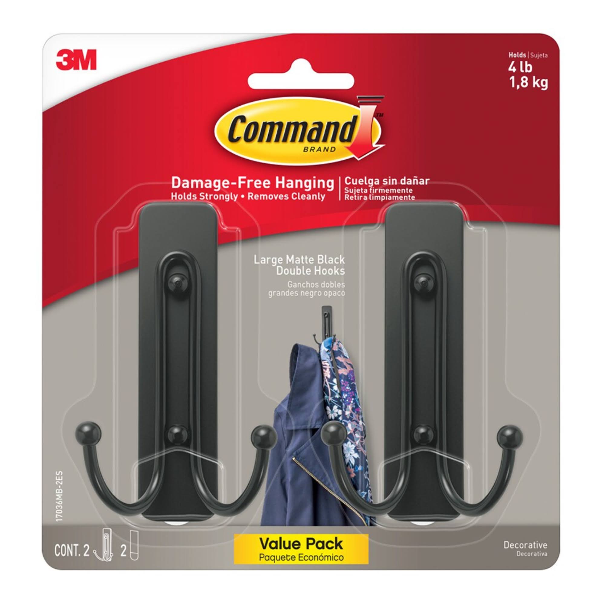 Command Large Matte Black Double Hooks