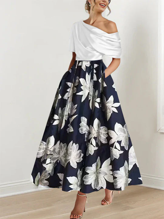 Robe de mère de la mariée à fleurs imprimées asymétrique en ligne A