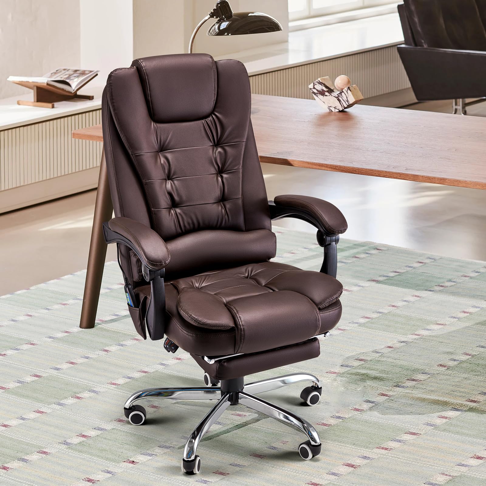 AECOJOY Office Chair with 7 Points Vibration Massage&Heat Functions, Brown Leather with Footrest