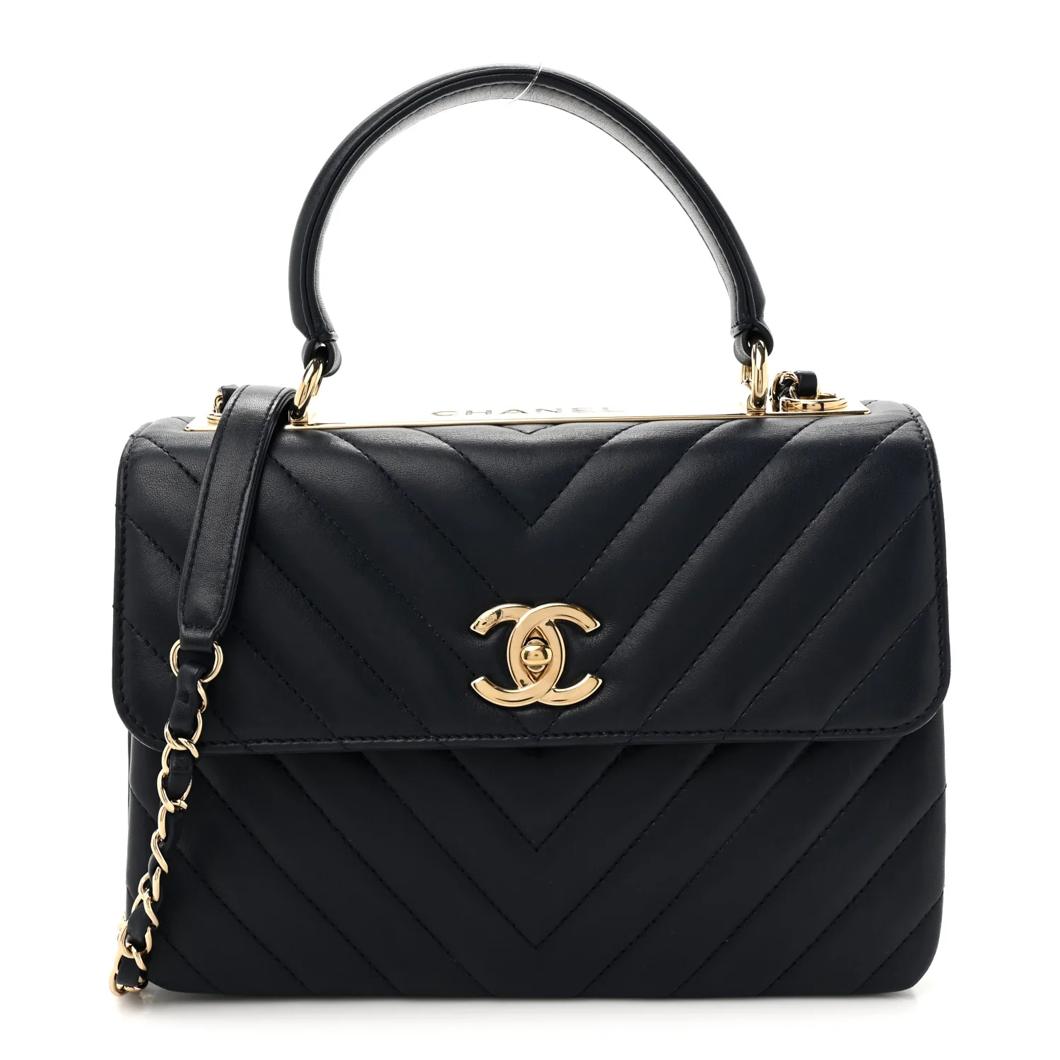 Lambskin Chevron Quilted Small Trendy CC Flap Dual Handle Bag Navy