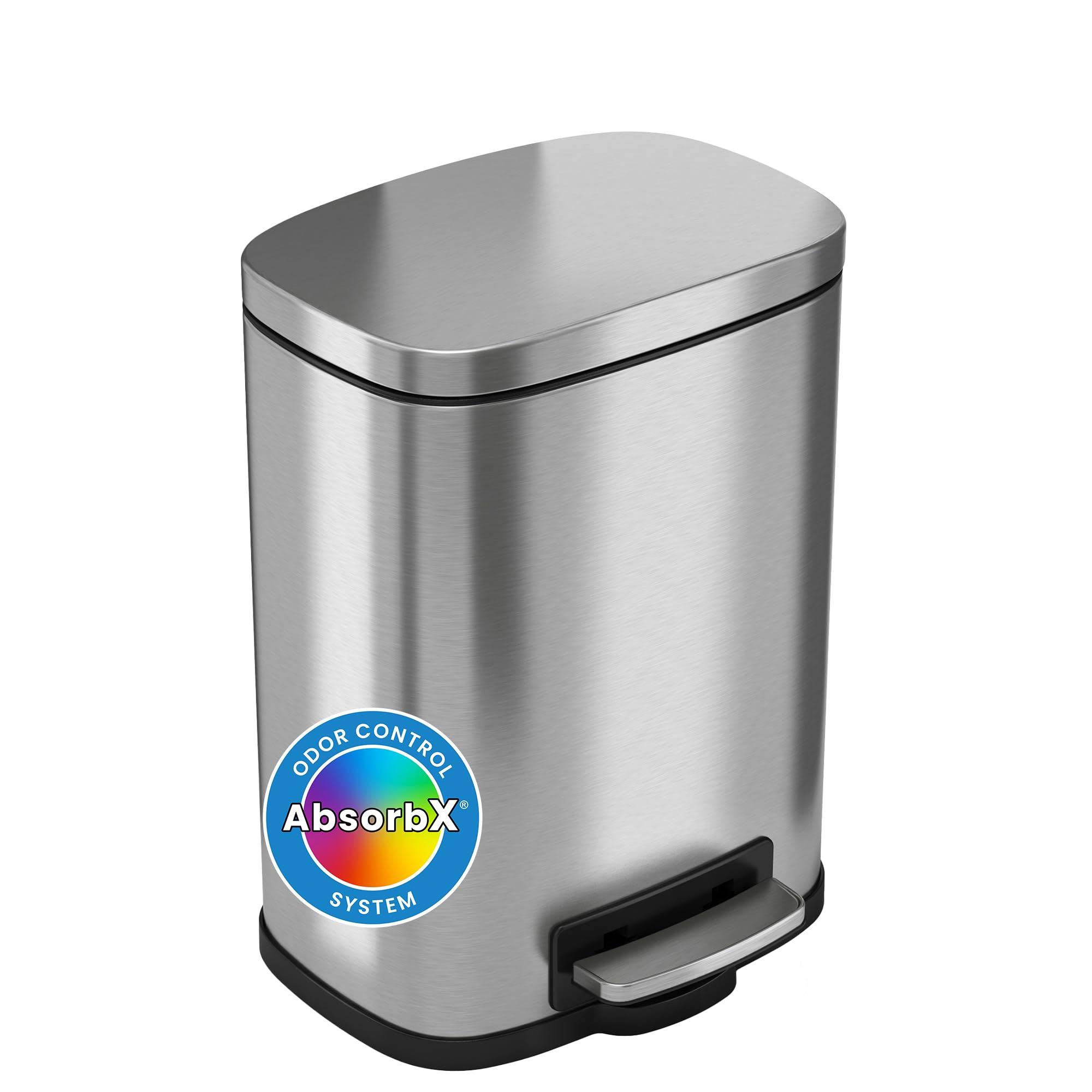 iTouchless Pedal, 5 Liter Bathroom Garbage Bin, Step Trash Can with AbsorbX Odor Filter and Removable Inner Bucket, Stainless Steel, SoftStep 1.32