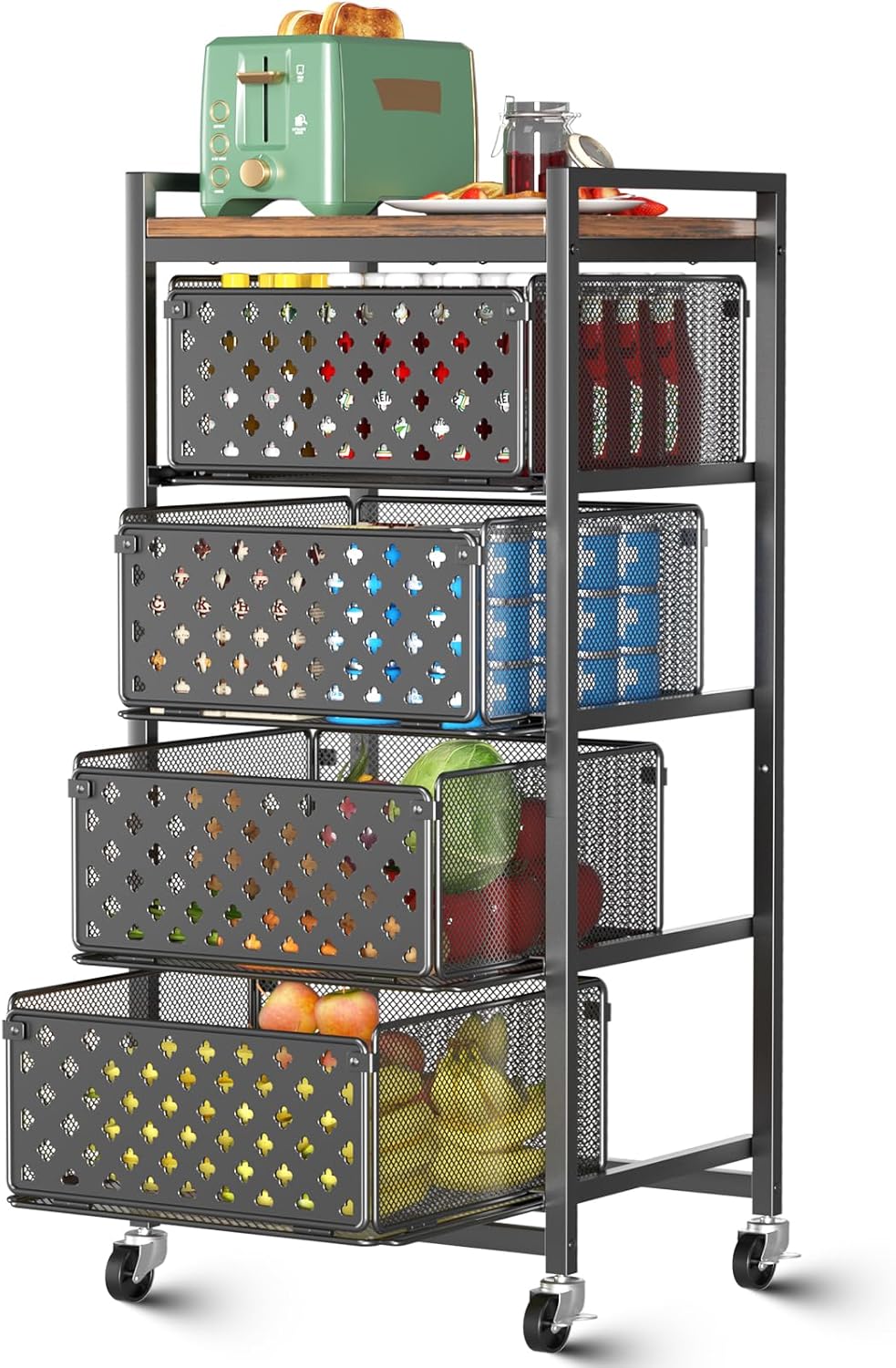 5-Tier Kitchen Storage Cart with Wheels, Utility Fruit Vegetable Storage Rack Stand with Pull-Out Baskets & Wooden Top, Metal 4-Drawer Rolling Snack Cart, Kitchen Cart for Potatoes and Onions (Black)