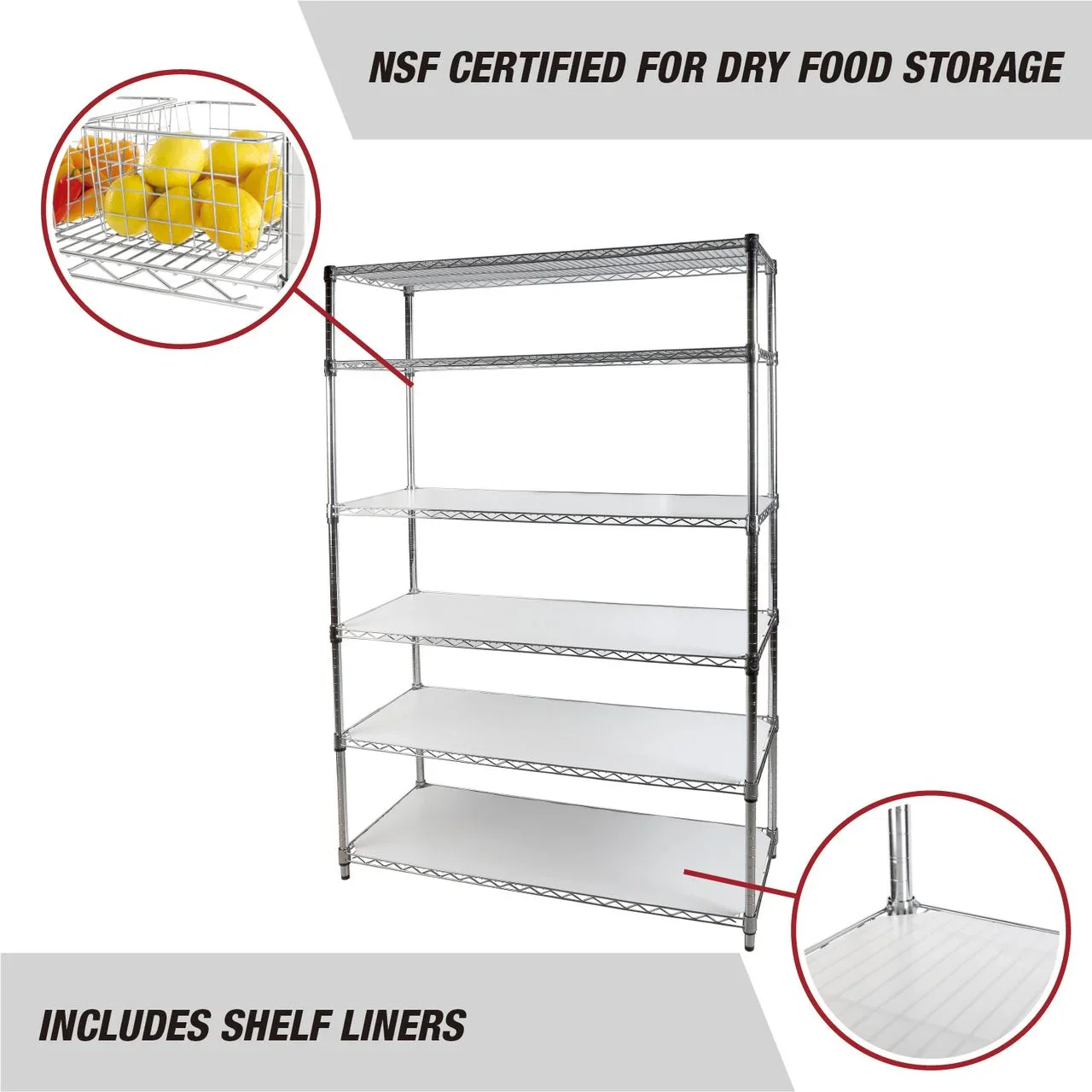 Hyper Tough 6-Tier Wire Storage Shelves with Liners, 48 W x 18 D x 72 H, 3600 lb Load Capacity, Chrome